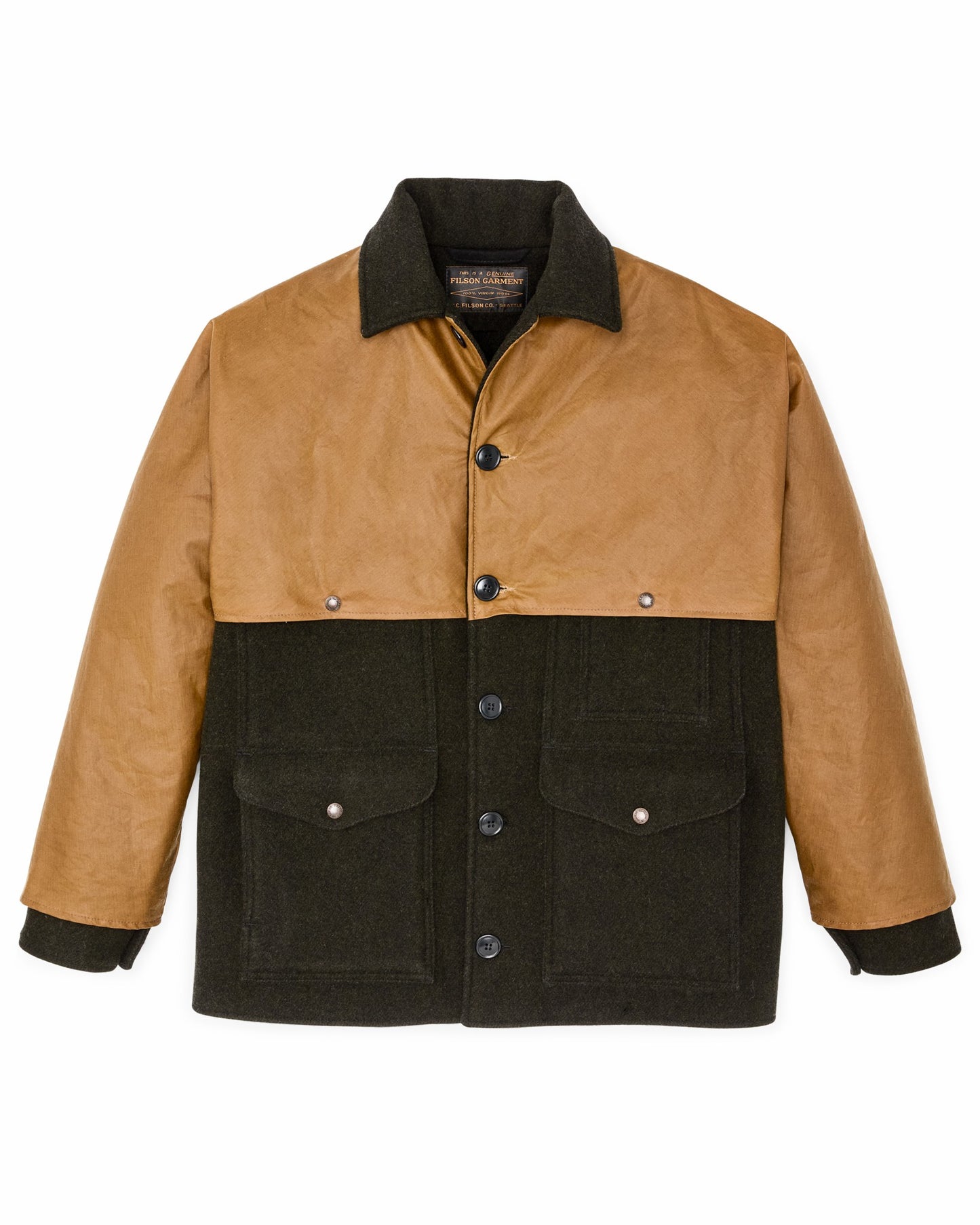 Filson Men Mackinaw Wool Caped Cruiser Jacket - Peat Black / Dark Tan