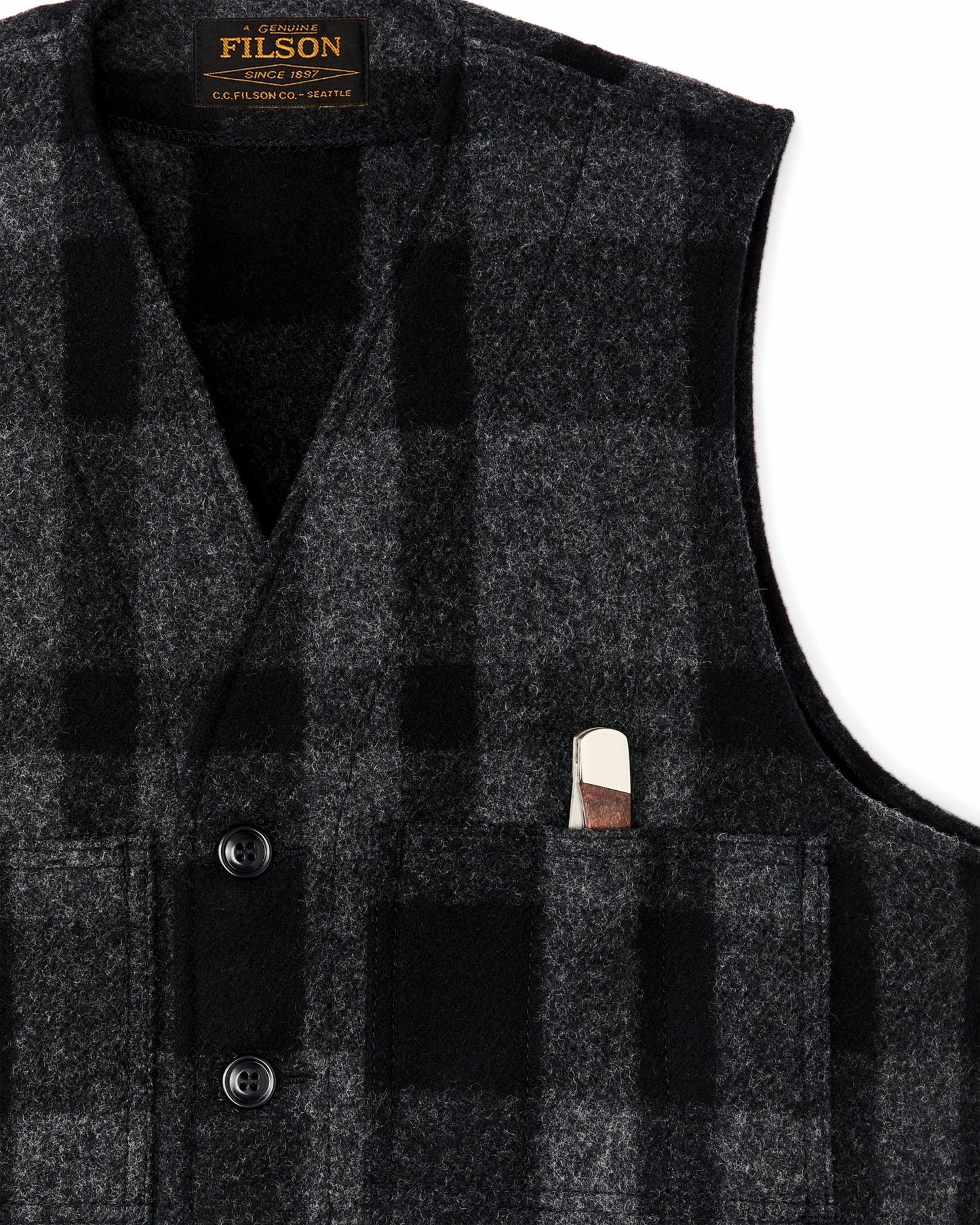 Filson Men Mackinaw Wool Vest - Charcoal / Black Heritage Plaid