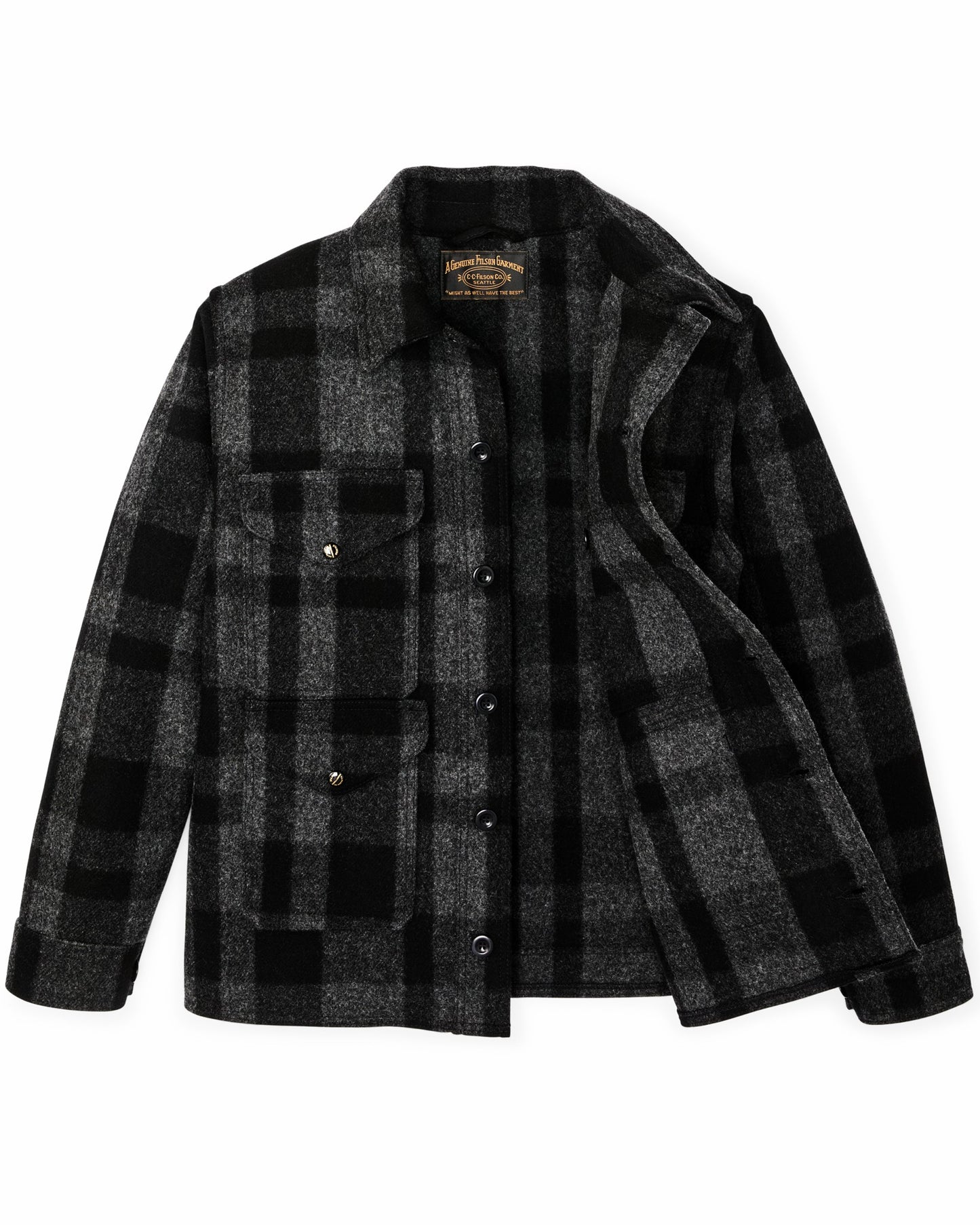 Filson Men 1940s Mackinaw Wool Cruiser Jacket - Charcoal / Black Heritage Plaid