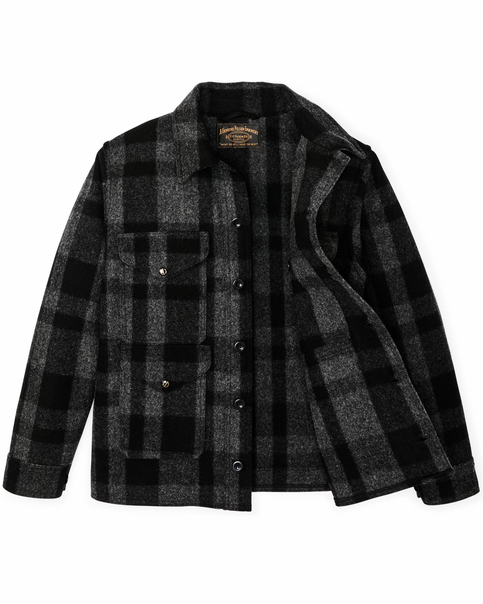 Filson Men 1940s Mackinaw Wool Cruiser Jacket - Charcoal / Black Heritage Plaid