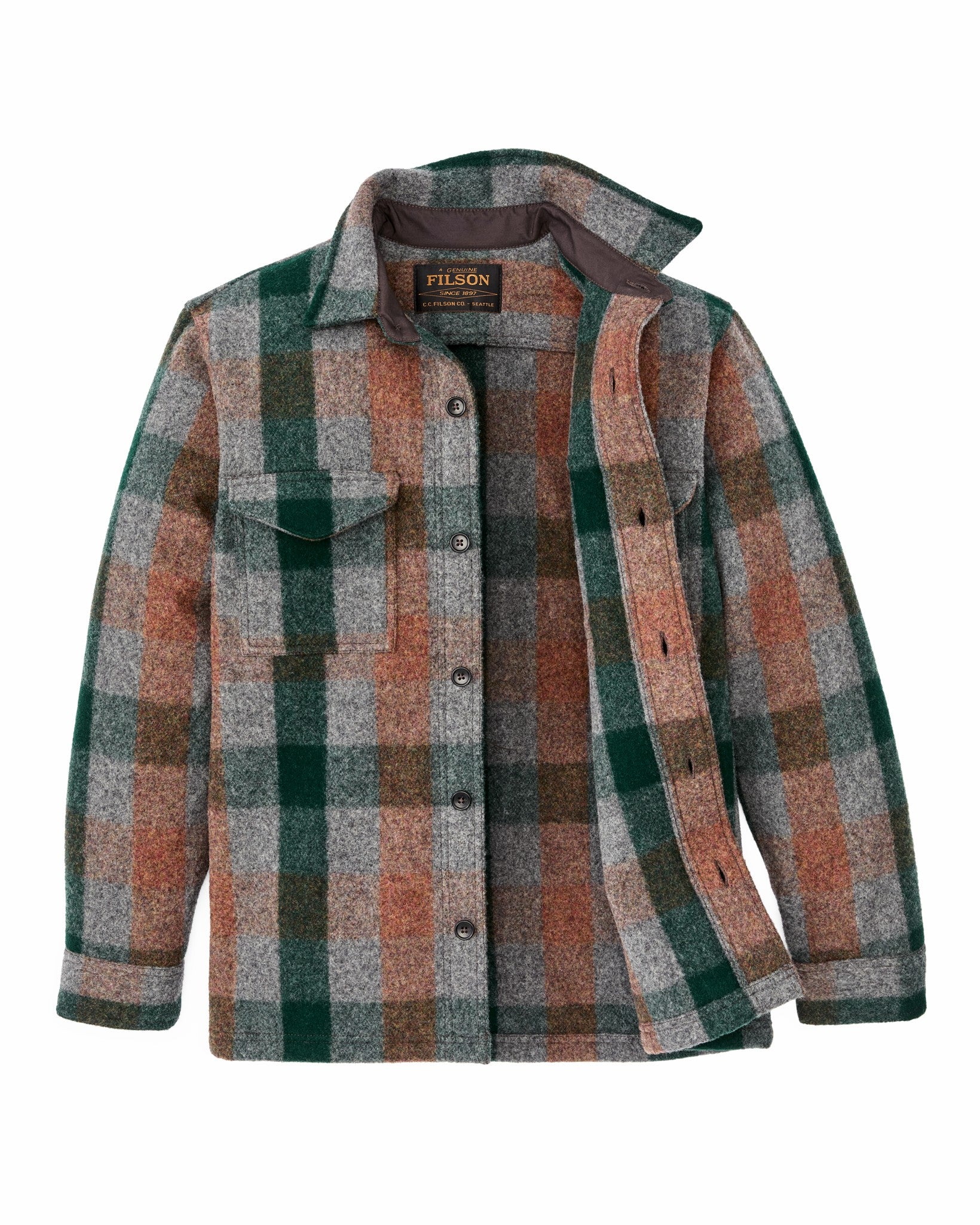 Filson Men Mackinaw Wool Jac-shirt - Green / Orange / Gray Plaid