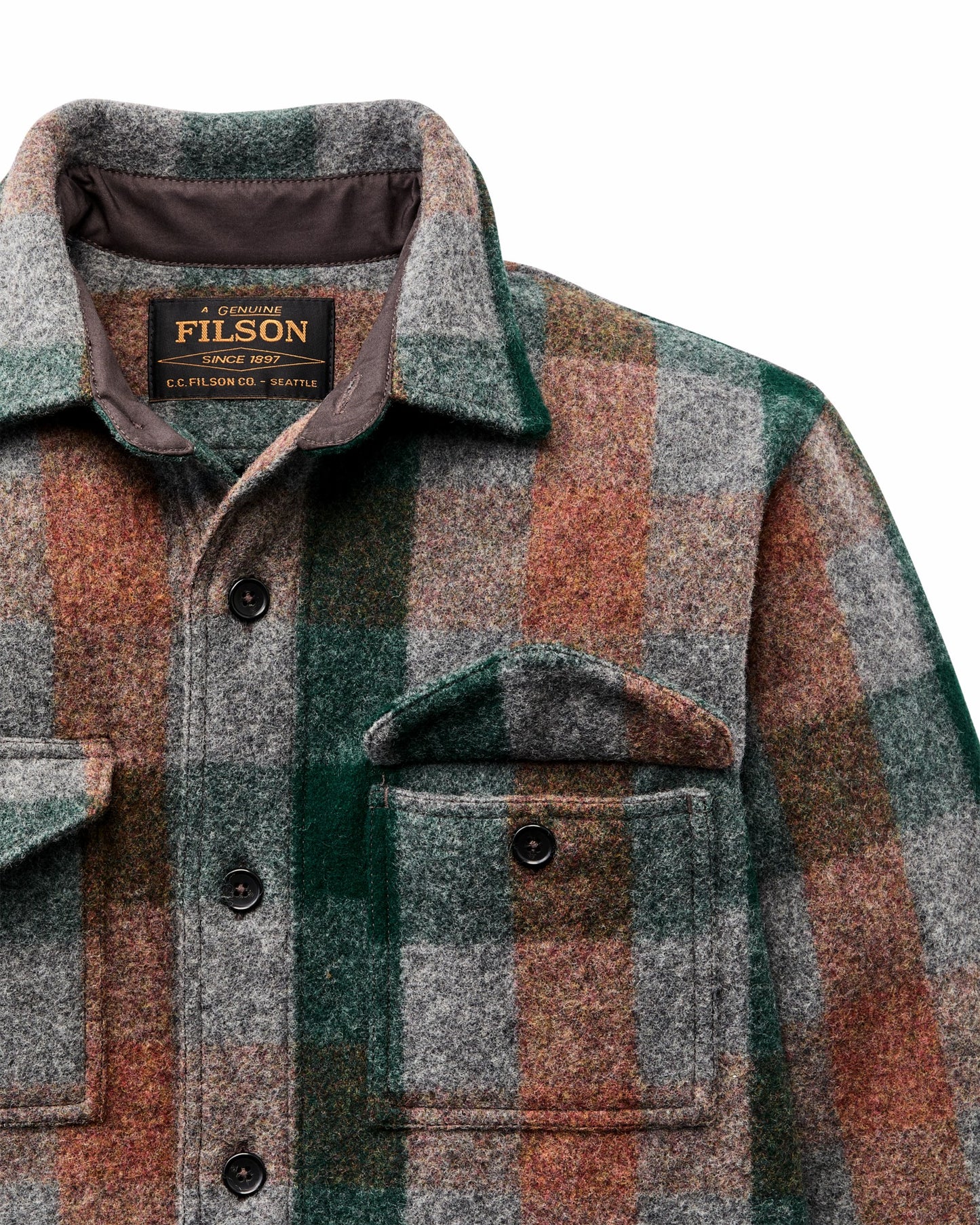 Filson Men Mackinaw Wool Jac-shirt - Green / Orange / Gray Plaid