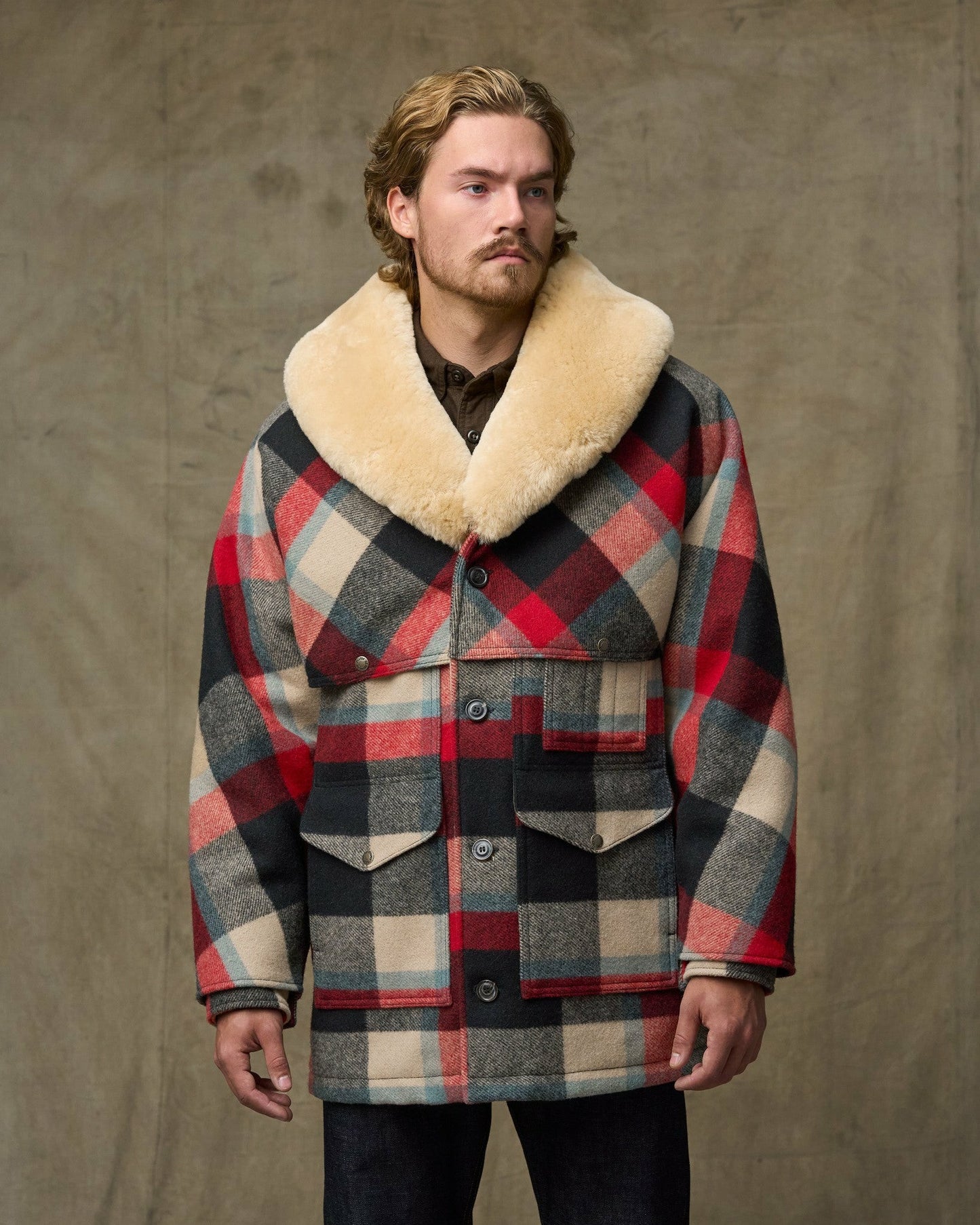 Filson Men Lined Mackinaw Wool Packer Coat - Red / Cream / Blue Plaid