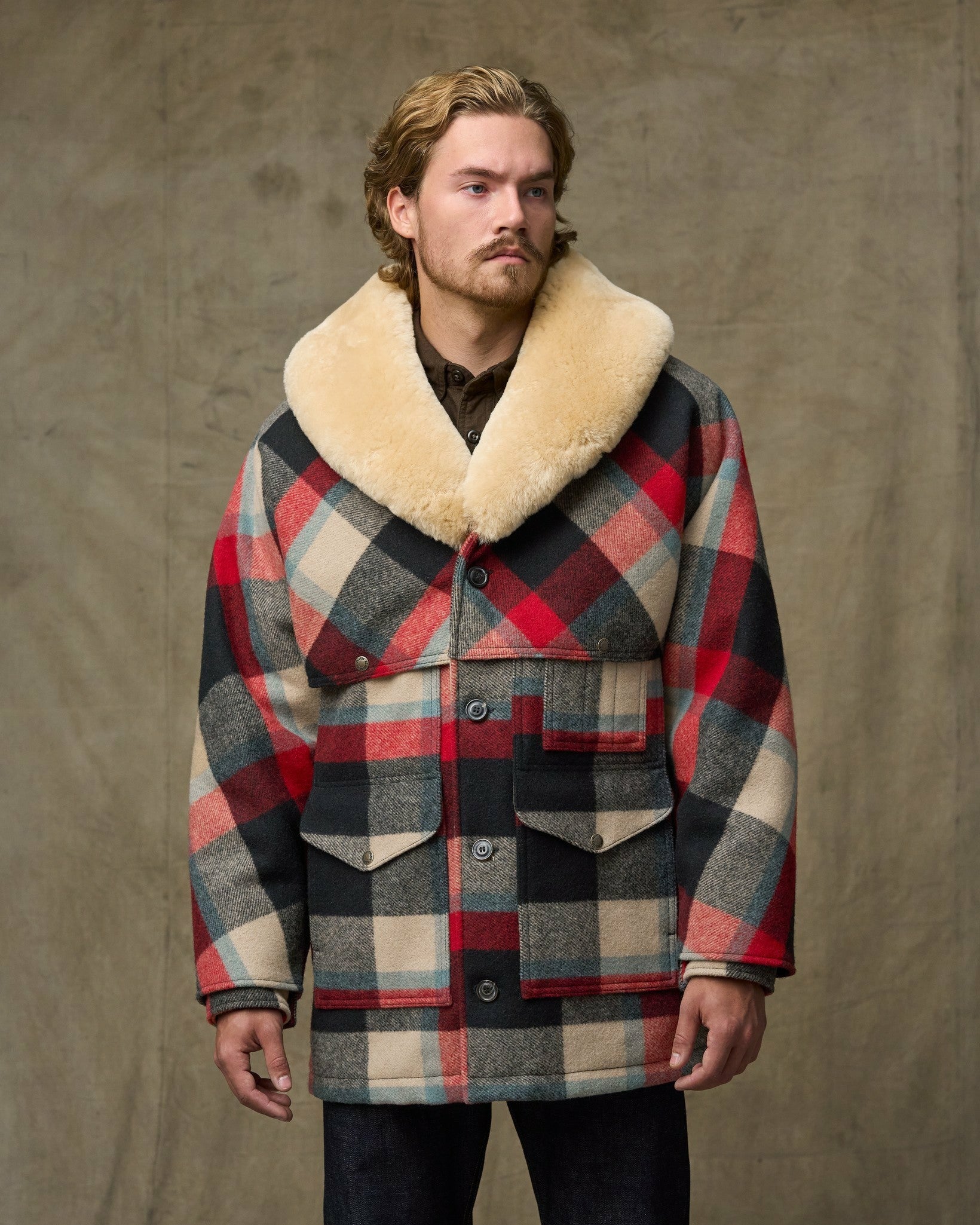 Filson Men Lined Mackinaw Wool Packer Coat - Red / Cream / Blue Plaid
