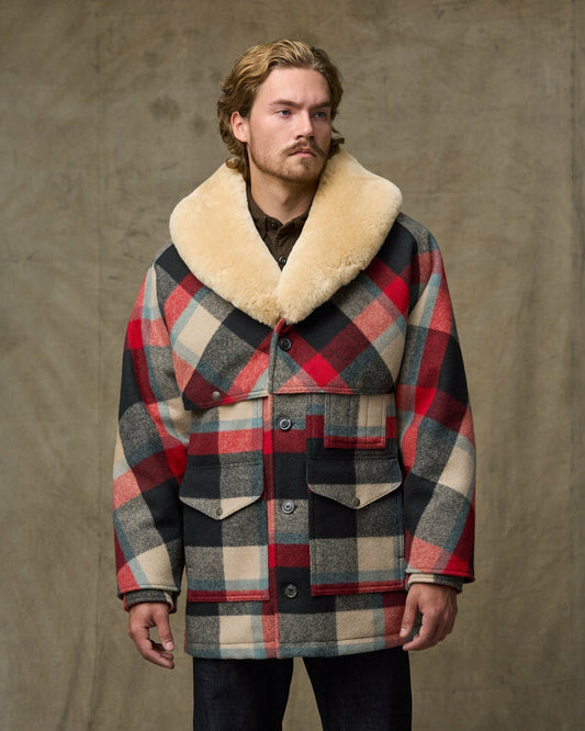 Filson Men Lined Mackinaw Wool Packer Coat - Red / Cream / Blue Plaid