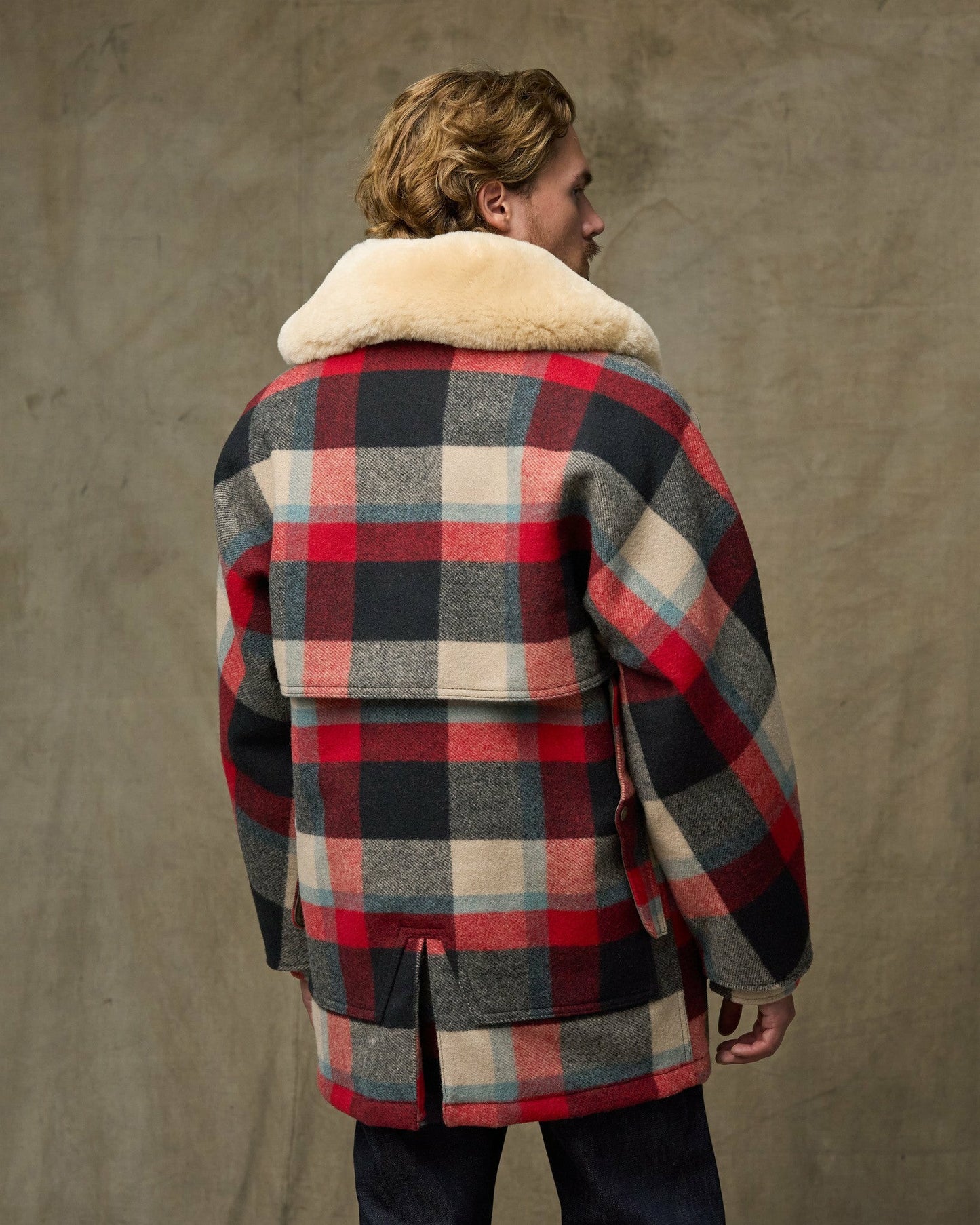 Filson Men Lined Mackinaw Wool Packer Coat - Red / Cream / Blue Plaid