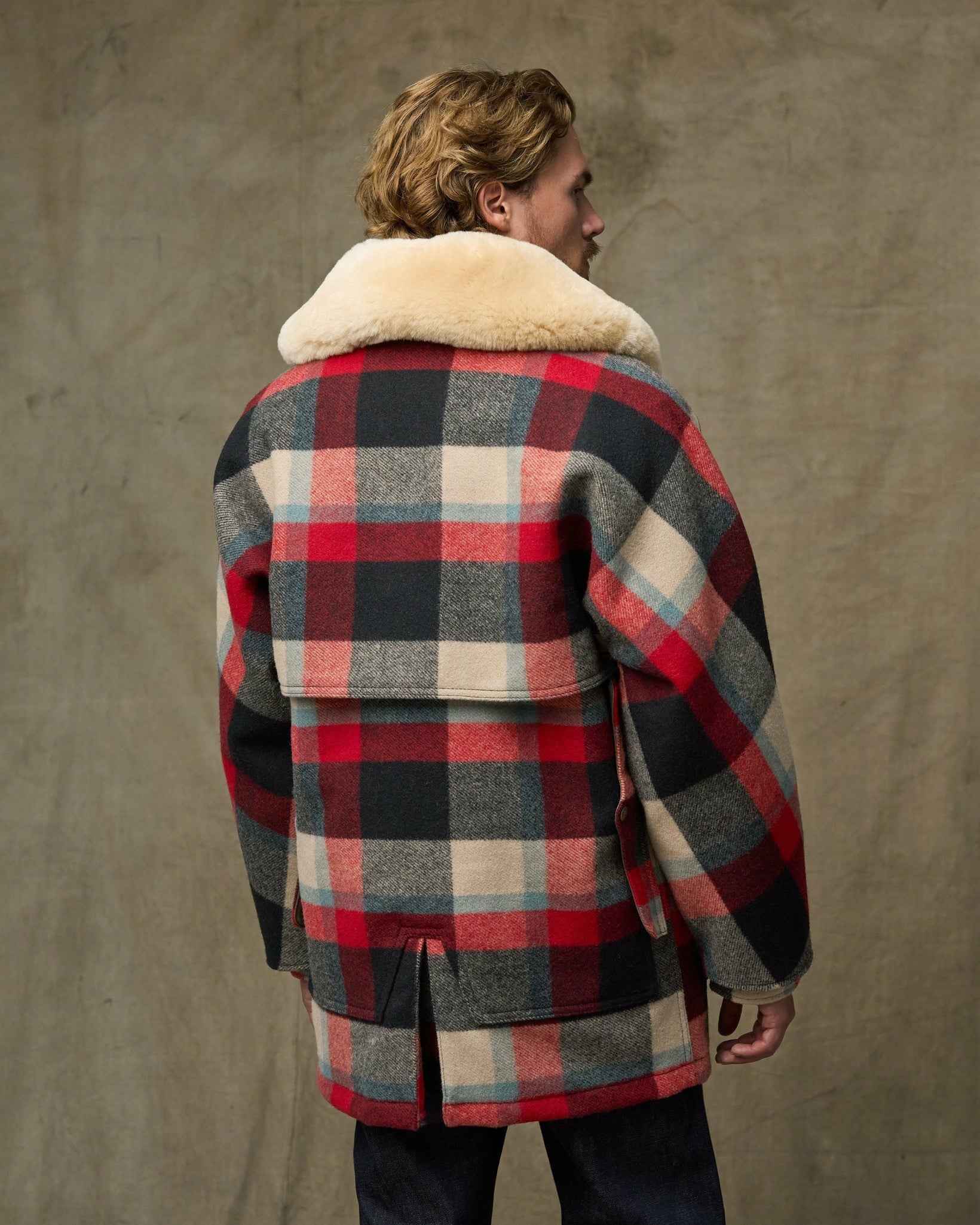 Filson Men Lined Mackinaw Wool Packer Coat - Red / Cream / Blue Plaid