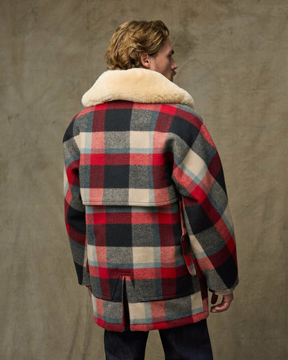 Filson Men Lined Mackinaw Wool Packer Coat - Red / Cream / Blue Plaid