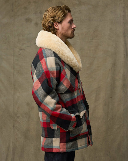 Filson Men Lined Mackinaw Wool Packer Coat - Red / Cream / Blue Plaid