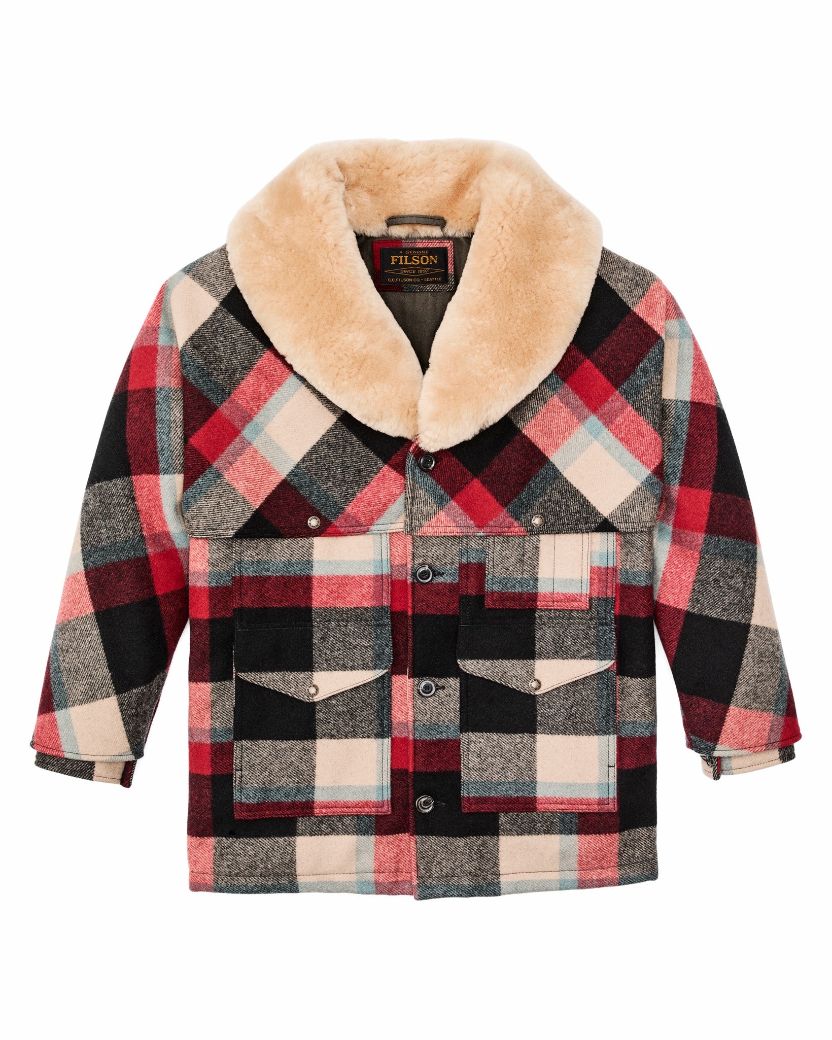 Filson Men Lined Mackinaw Wool Packer Coat - Red / Cream / Blue Plaid