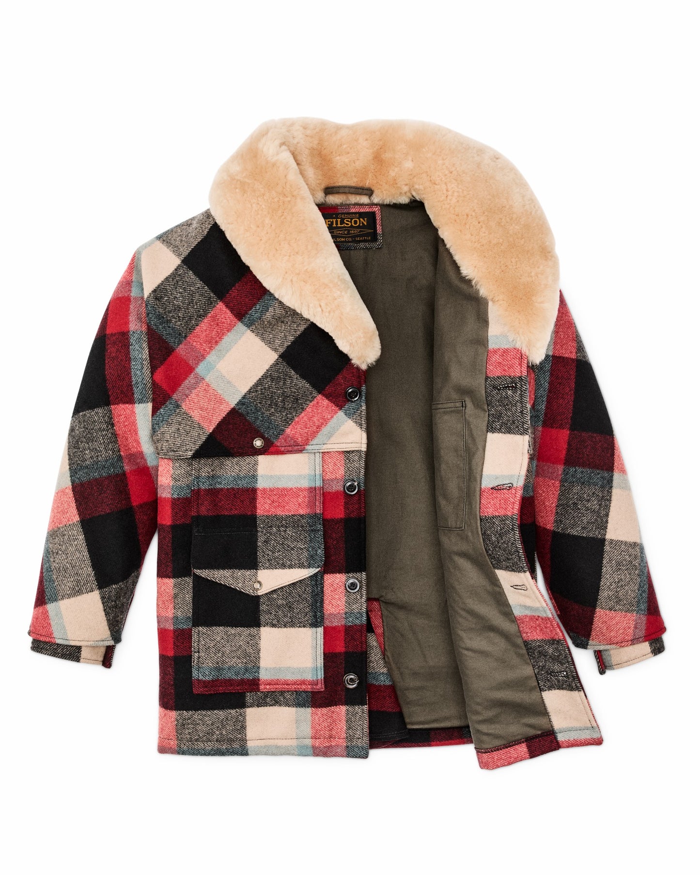 Filson Men Lined Mackinaw Wool Packer Coat - Red / Cream / Blue Plaid