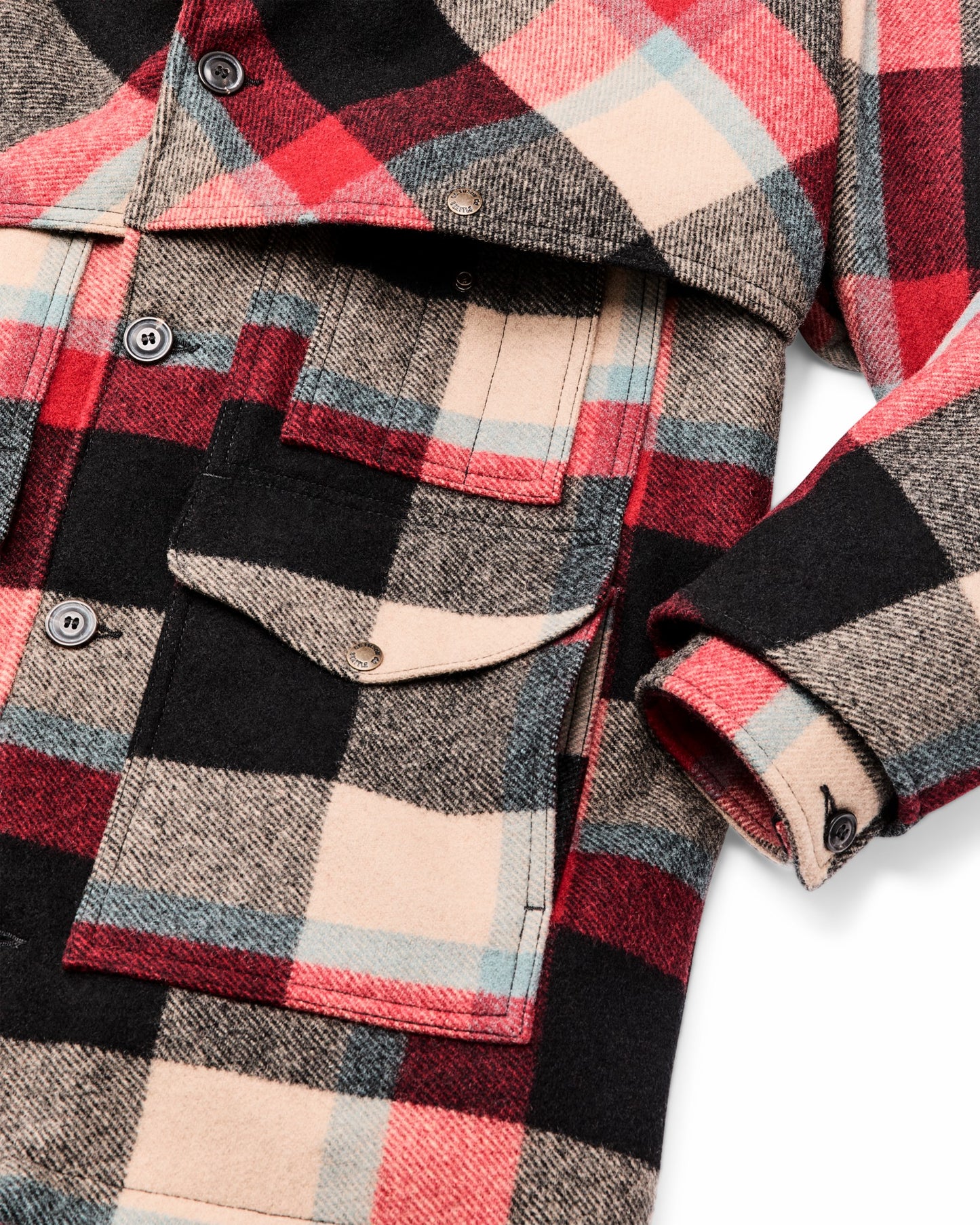 Filson Men Lined Mackinaw Wool Packer Coat - Red / Cream / Blue Plaid