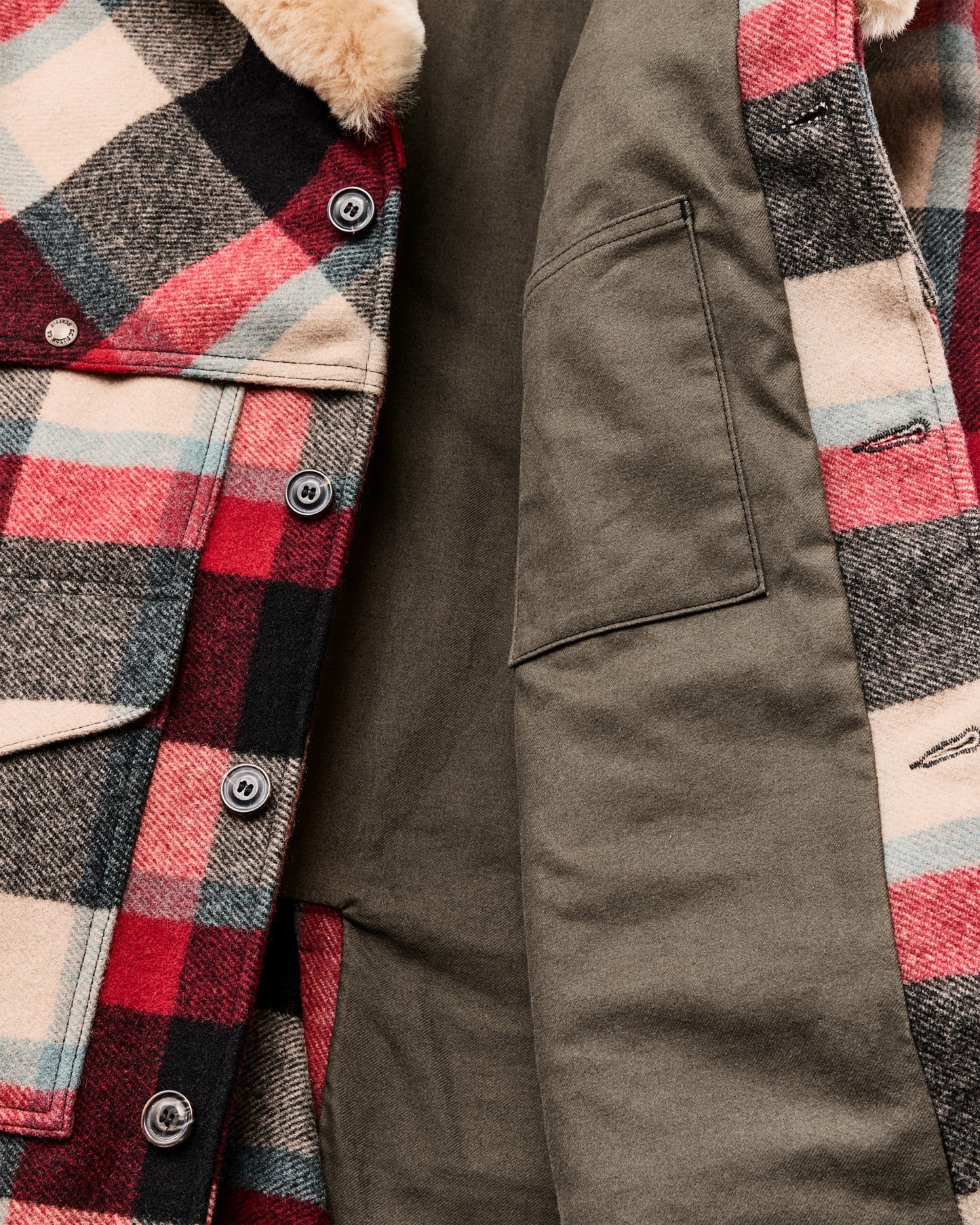 Filson Men Lined Mackinaw Wool Packer Coat - Red / Cream / Blue Plaid