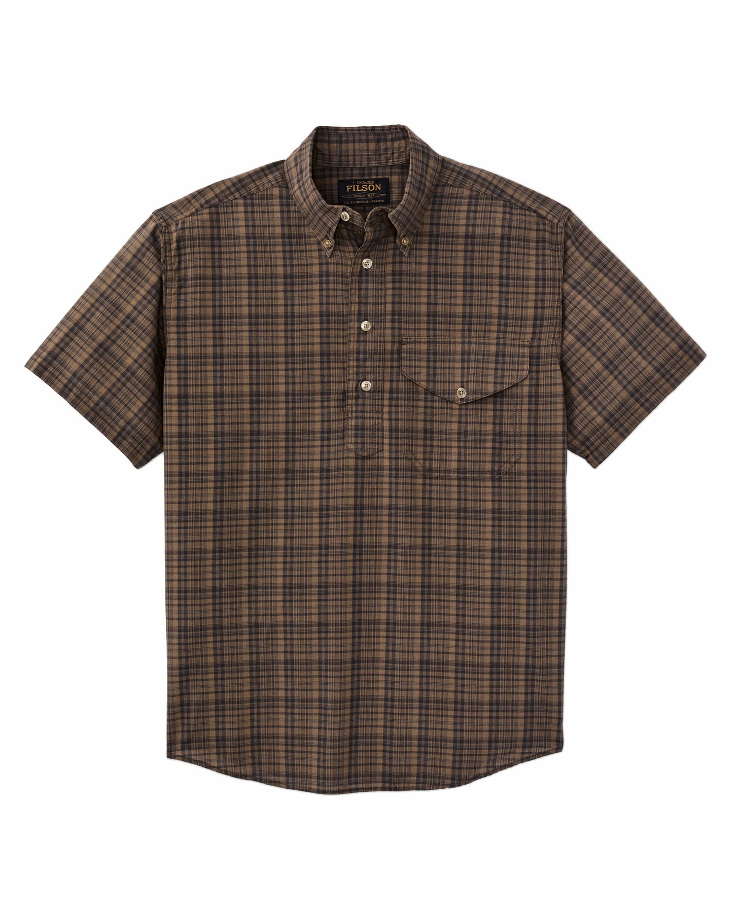 Filson Men Short Sleeve Madras Popover Shirt - Brown / Olive Plaid