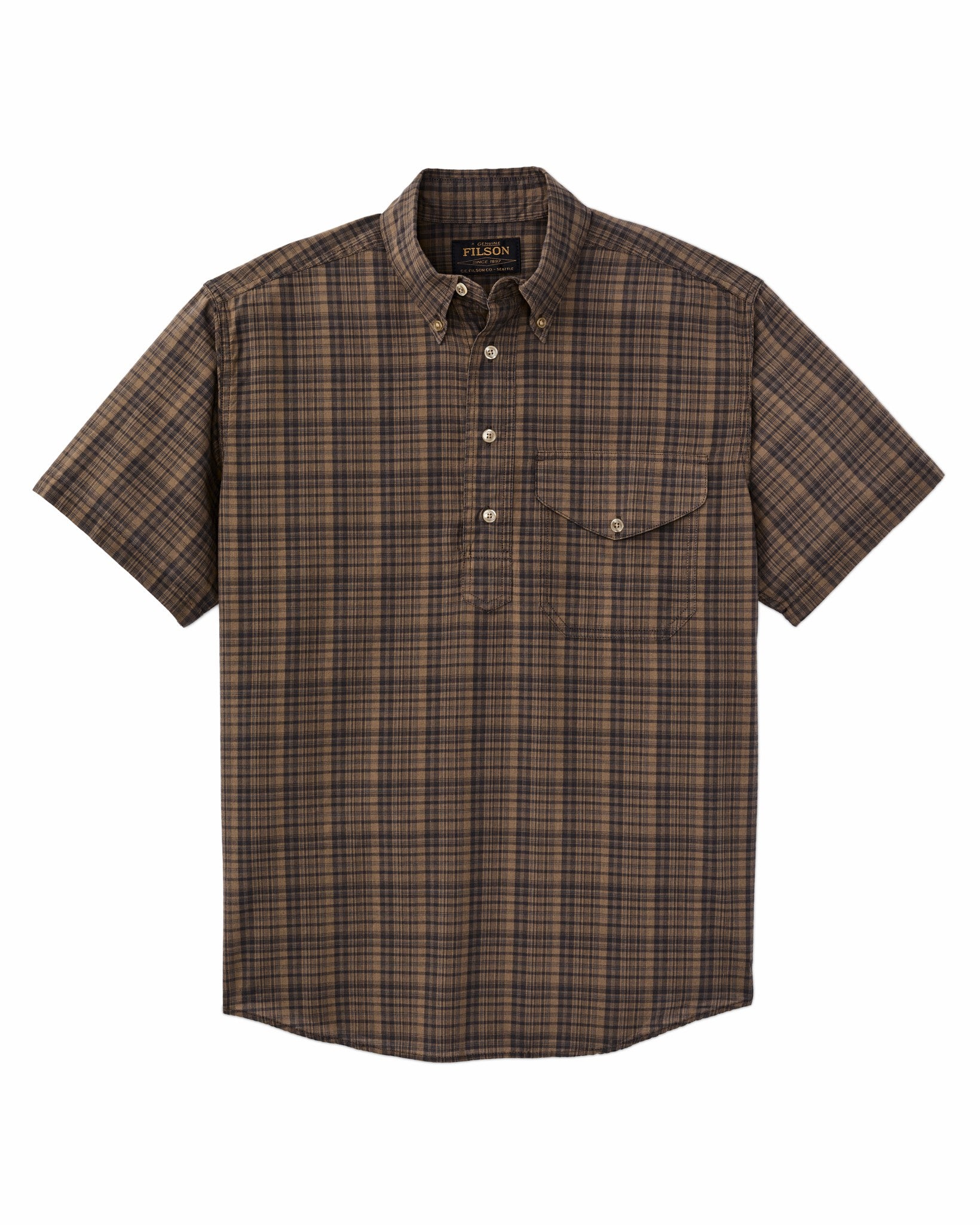 Filson Men Short Sleeve Madras Popover Shirt - Brown / Olive Plaid