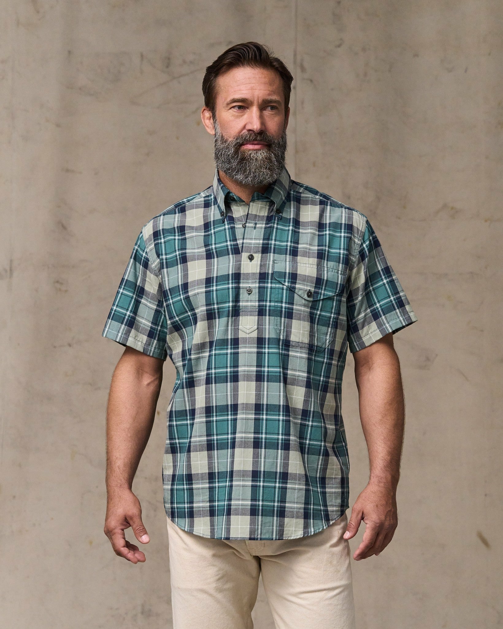 Filson Men Short Sleeve Madras Popover Shirt - Gray / Teal Multicolor
