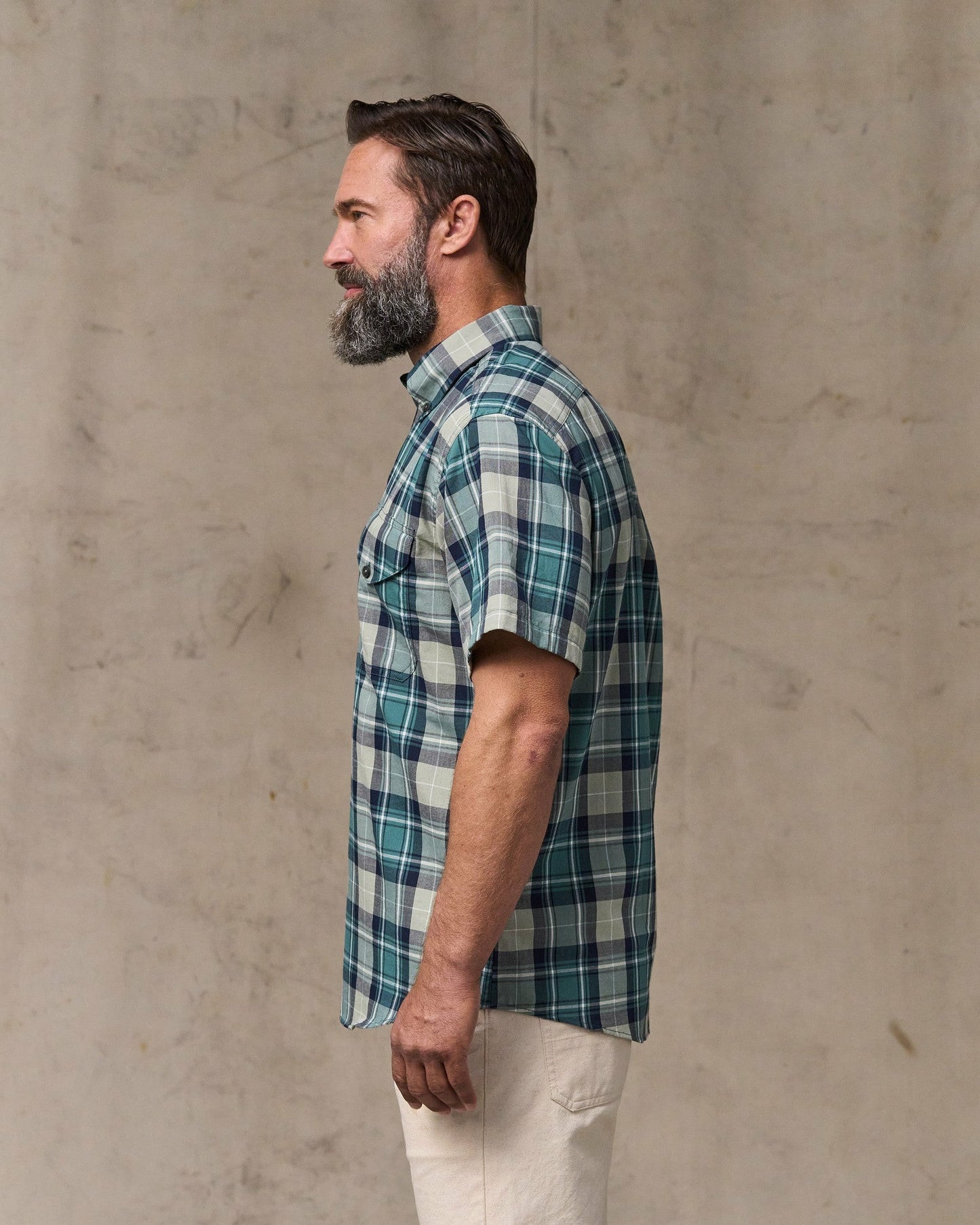 Filson Men Short Sleeve Madras Popover Shirt - Gray / Teal Multicolor