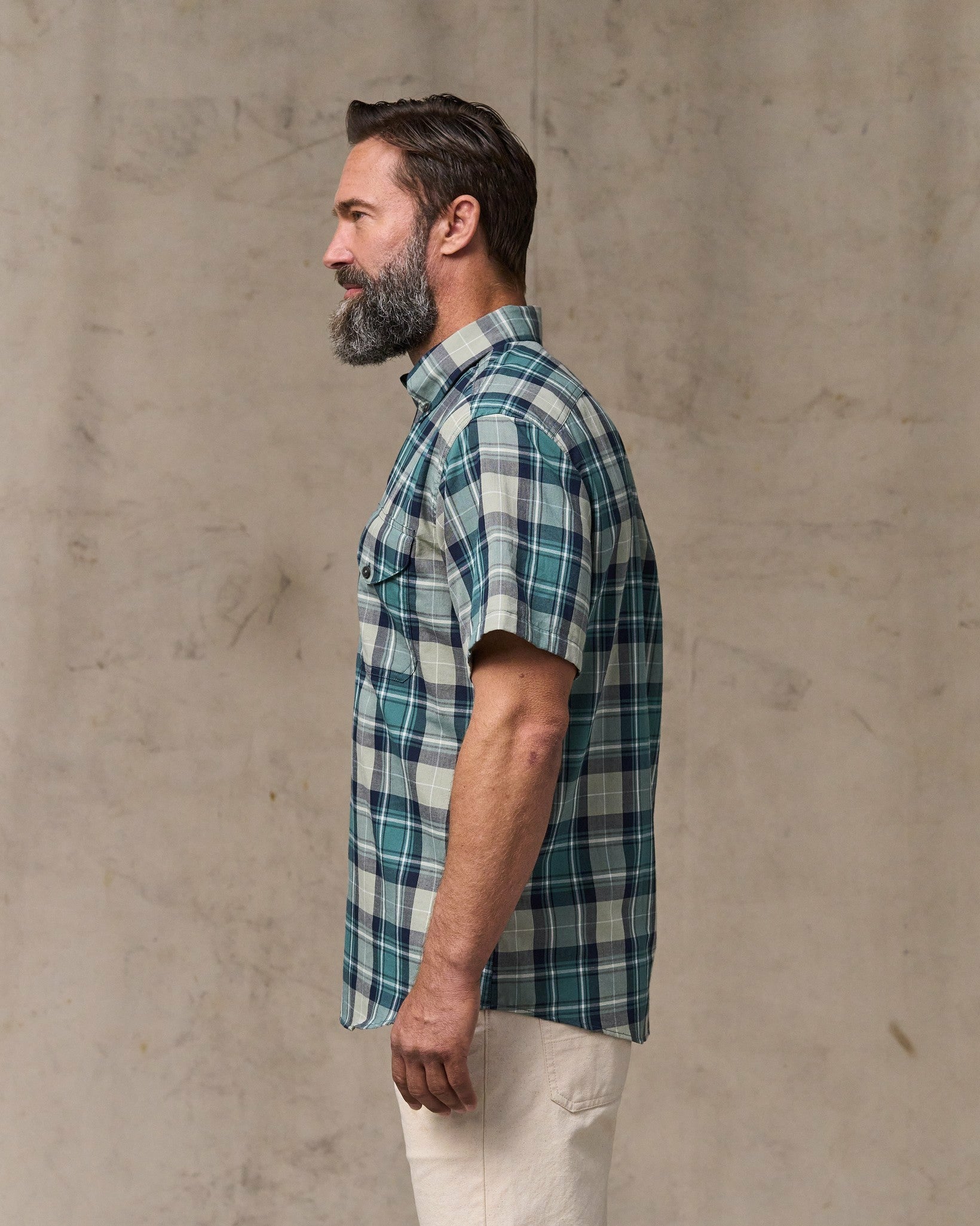 Filson Men Short Sleeve Madras Popover Shirt - Gray / Teal Multicolor