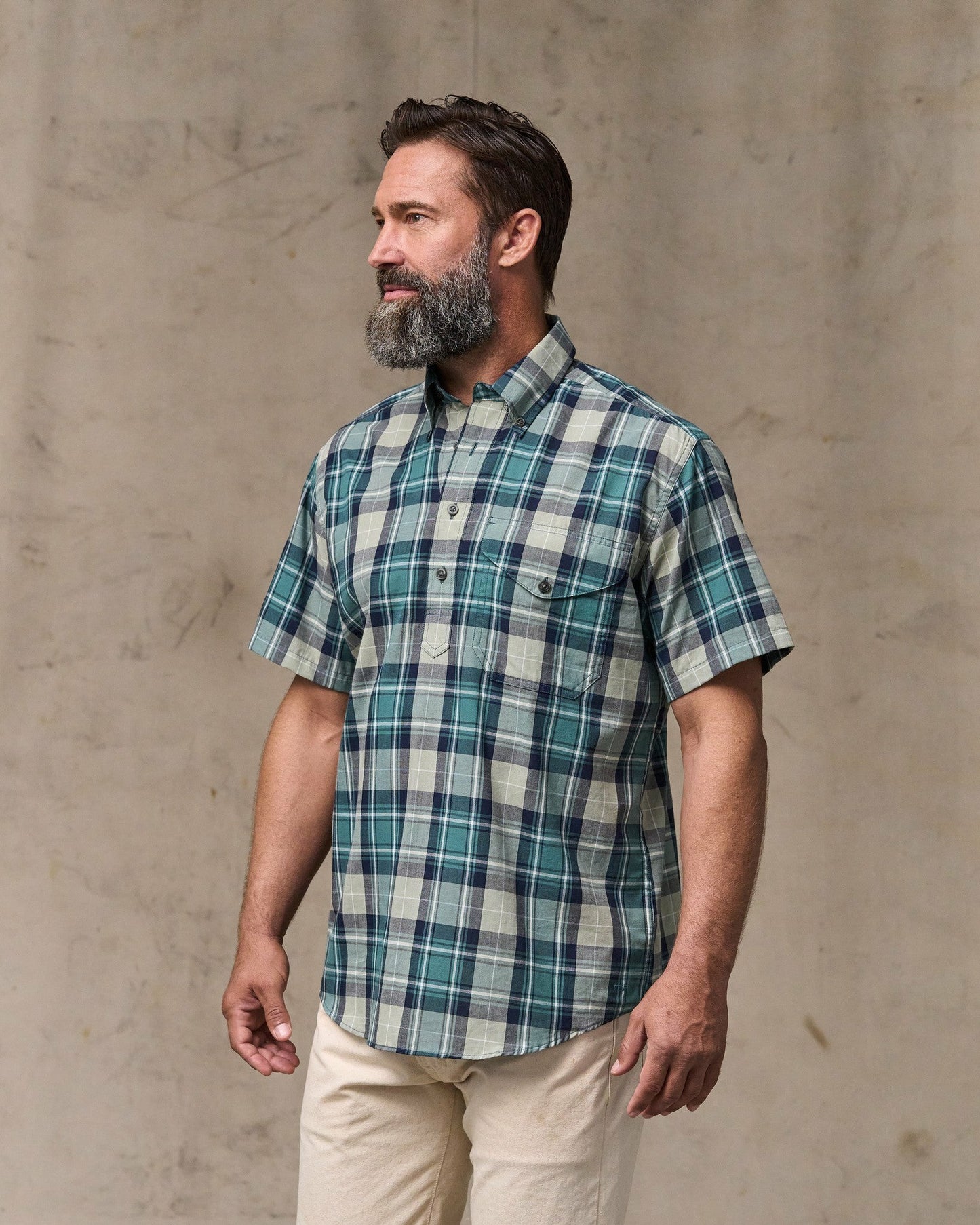 Filson Men Short Sleeve Madras Popover Shirt - Gray / Teal Multicolor