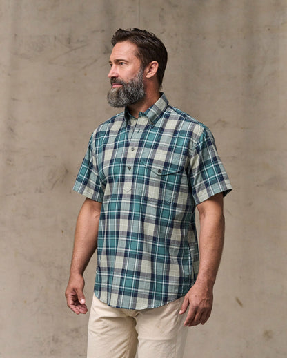 Filson Men Short Sleeve Madras Popover Shirt - Gray / Teal Multicolor
