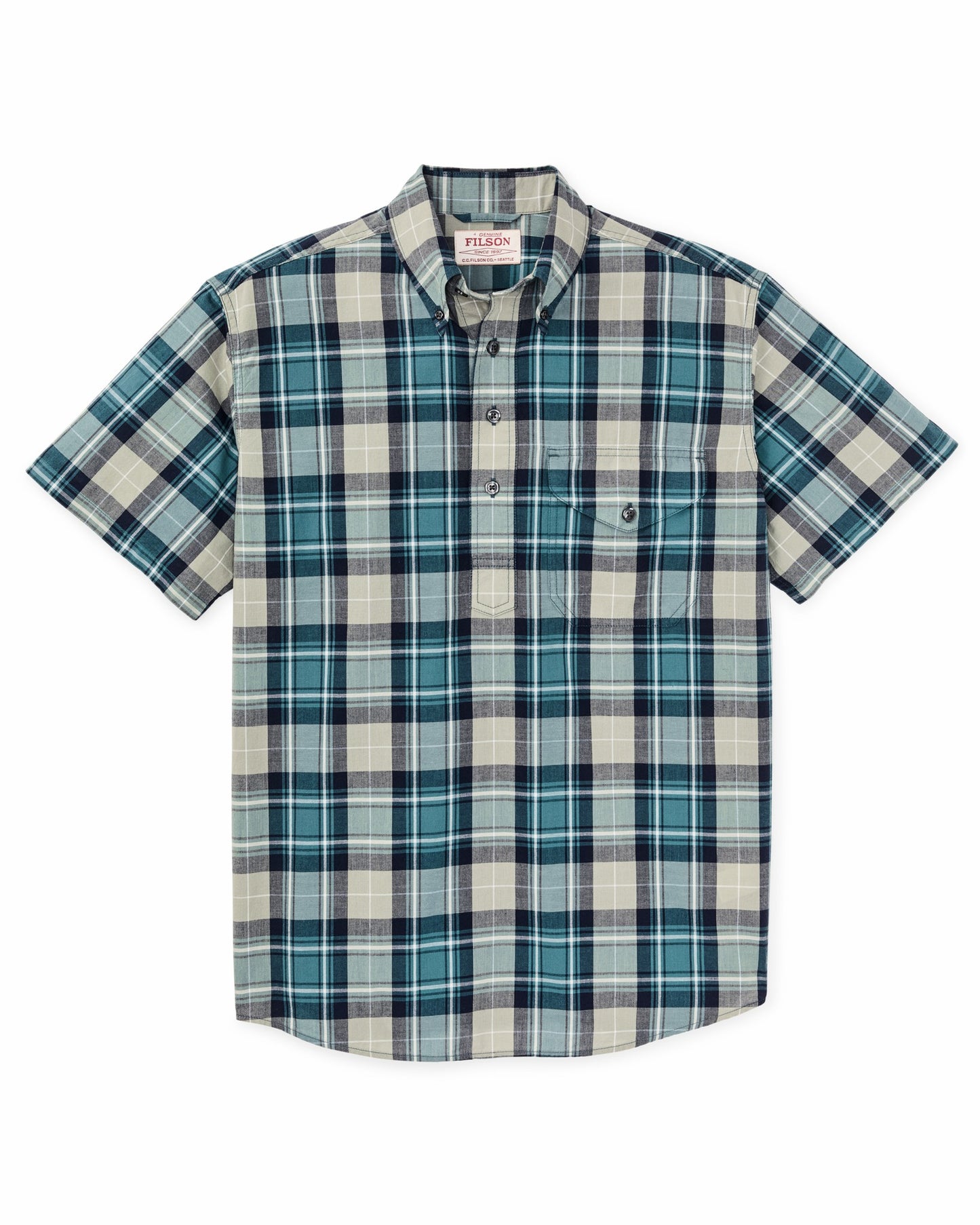 Filson Men Short Sleeve Madras Popover Shirt - Gray / Teal Multicolor