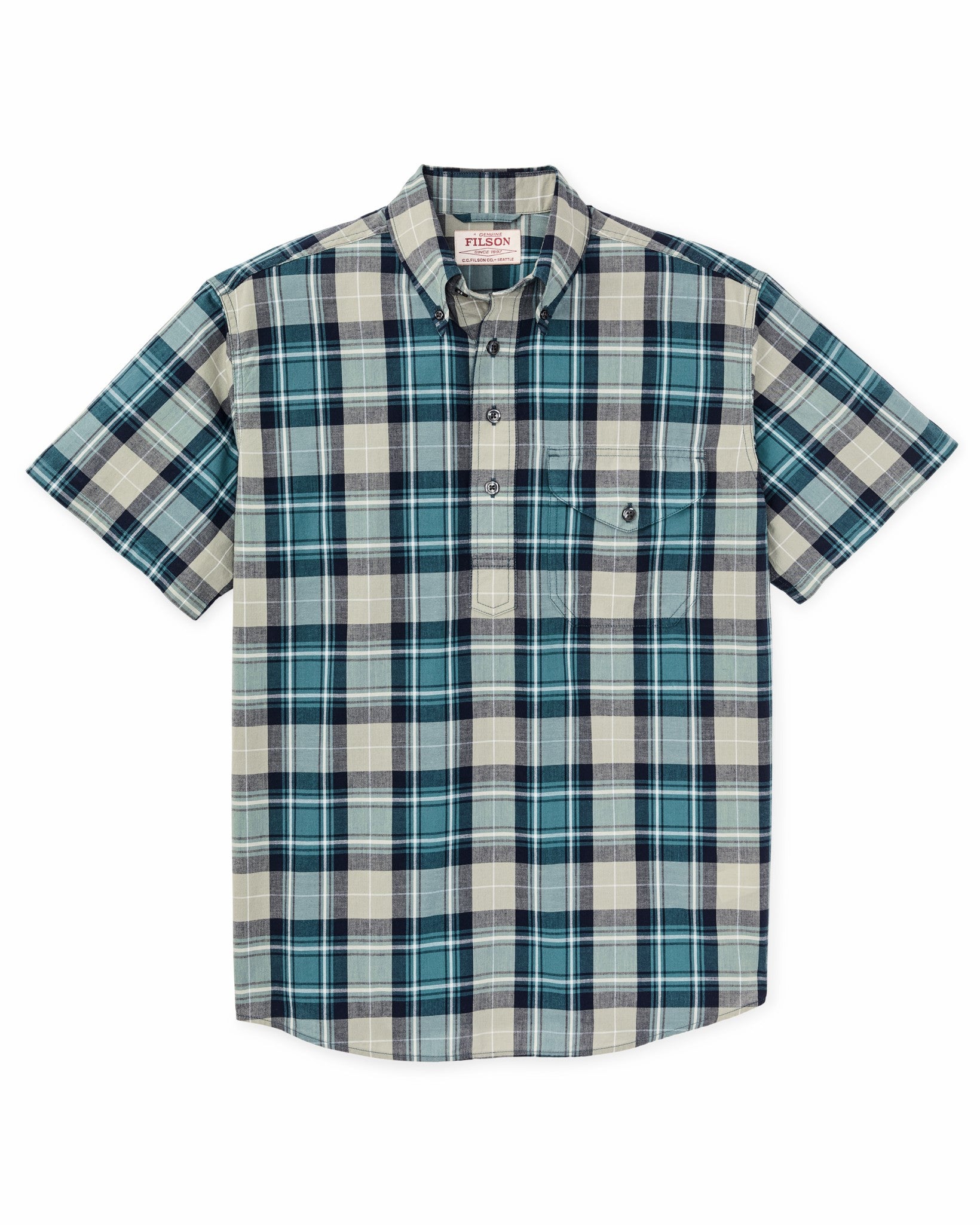 Filson Men Short Sleeve Madras Popover Shirt - Gray / Teal Multicolor