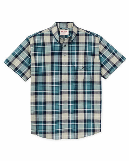 Filson Men Short Sleeve Madras Popover Shirt - Gray / Teal Multicolor