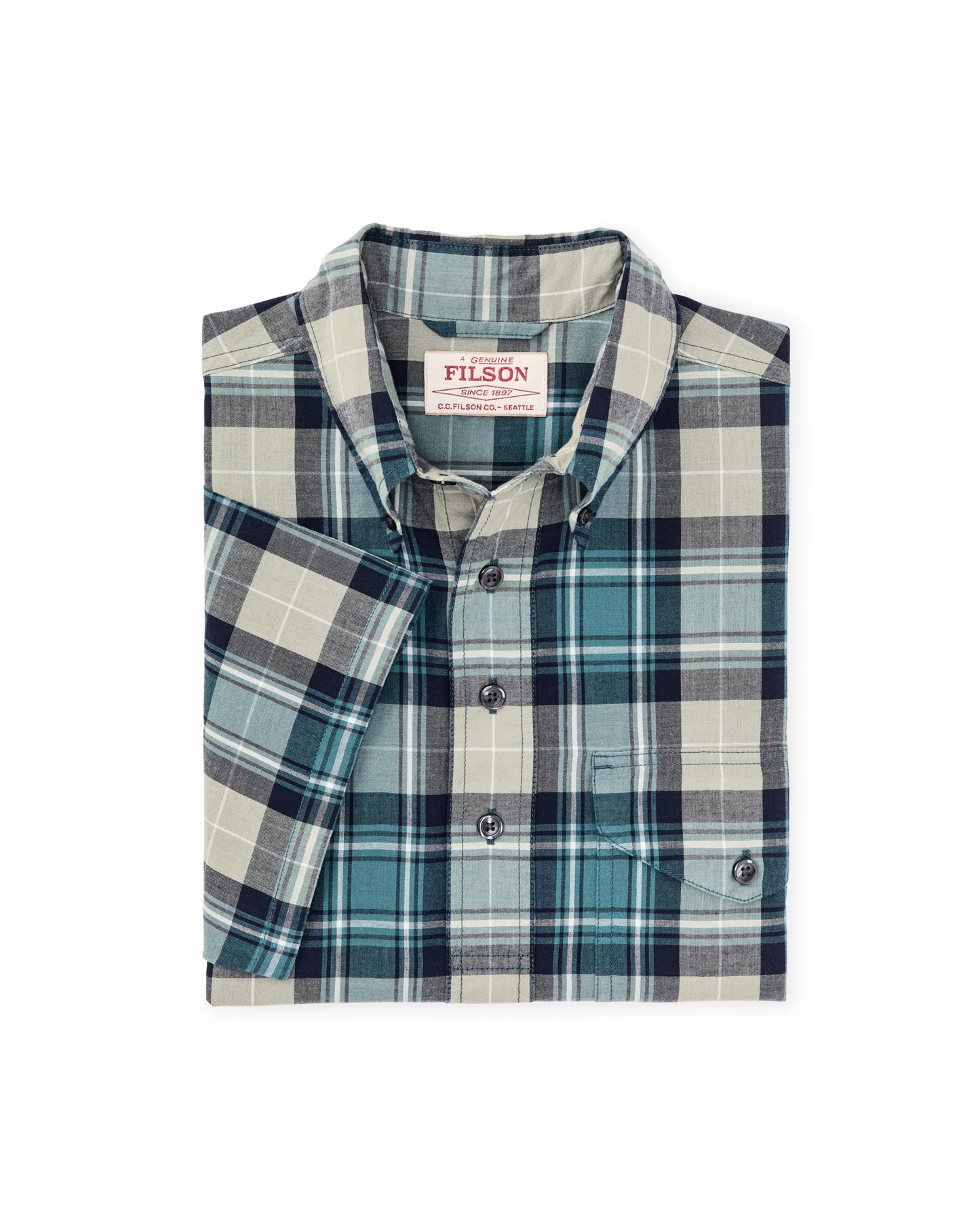 Filson Men Short Sleeve Madras Popover Shirt - Gray / Teal Multicolor