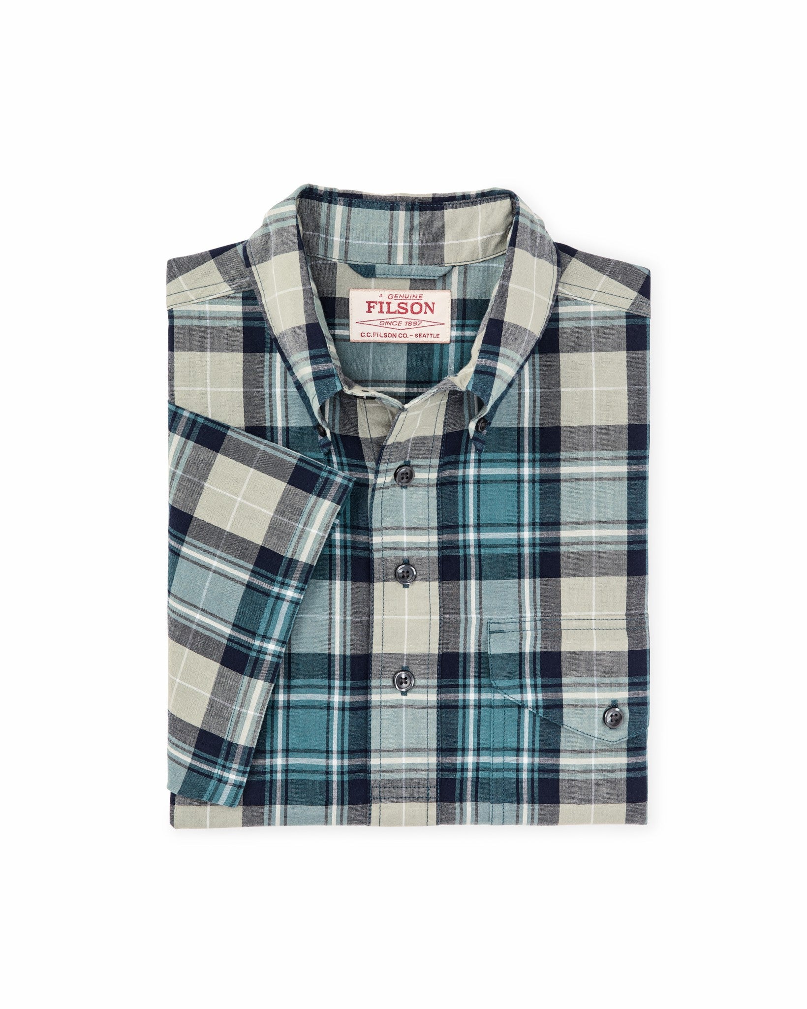 Filson Men Short Sleeve Madras Popover Shirt - Gray / Teal Multicolor