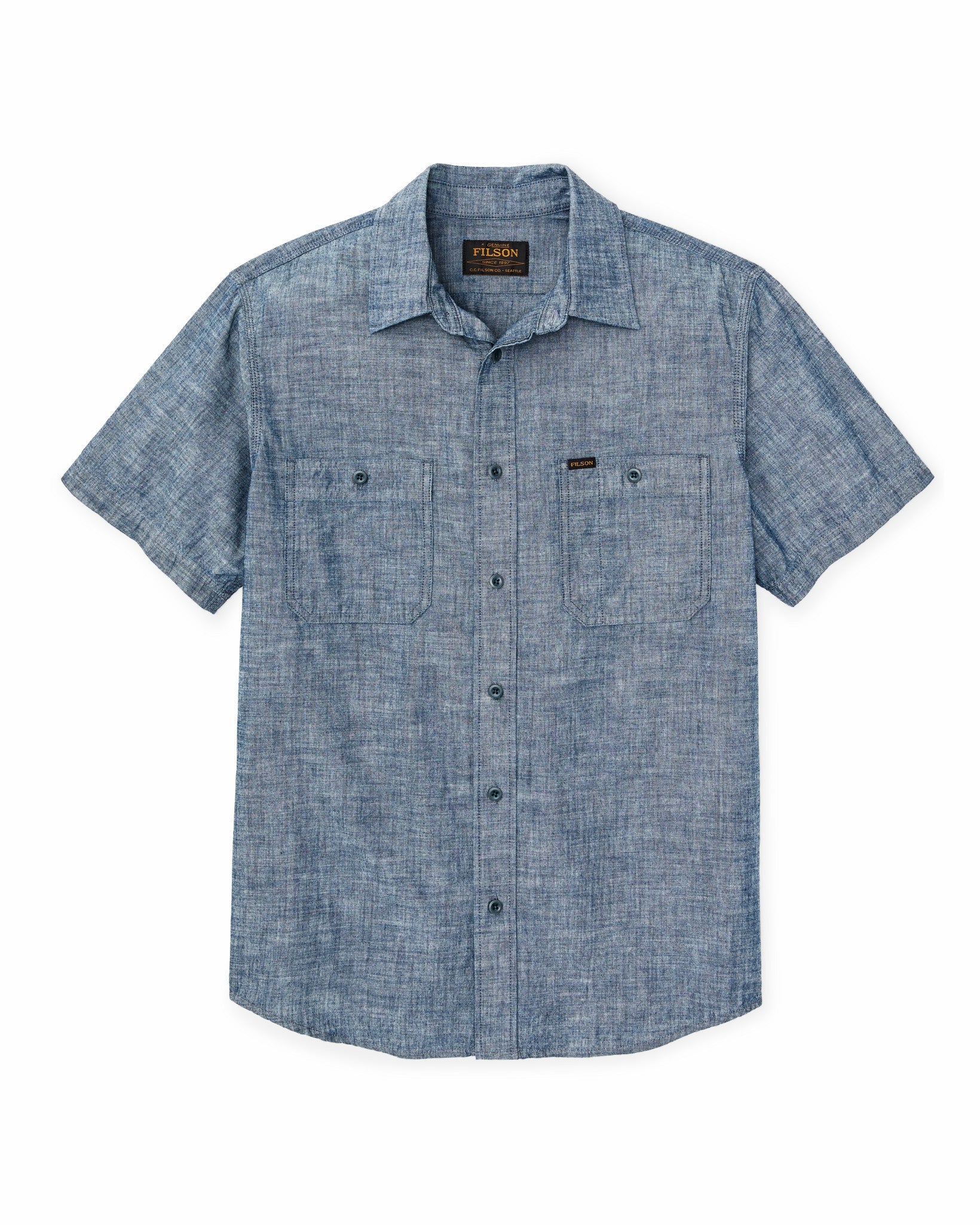 Filson Men Short-sleeve Embroidered Chambray Shirt - Rinsed Indigo