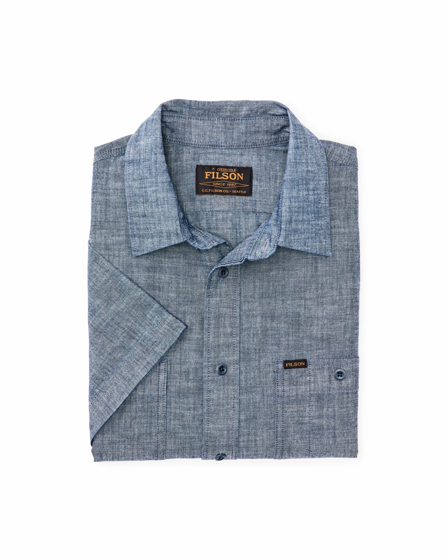 Filson Men Short-sleeve Embroidered Chambray Shirt - Rinsed Indigo