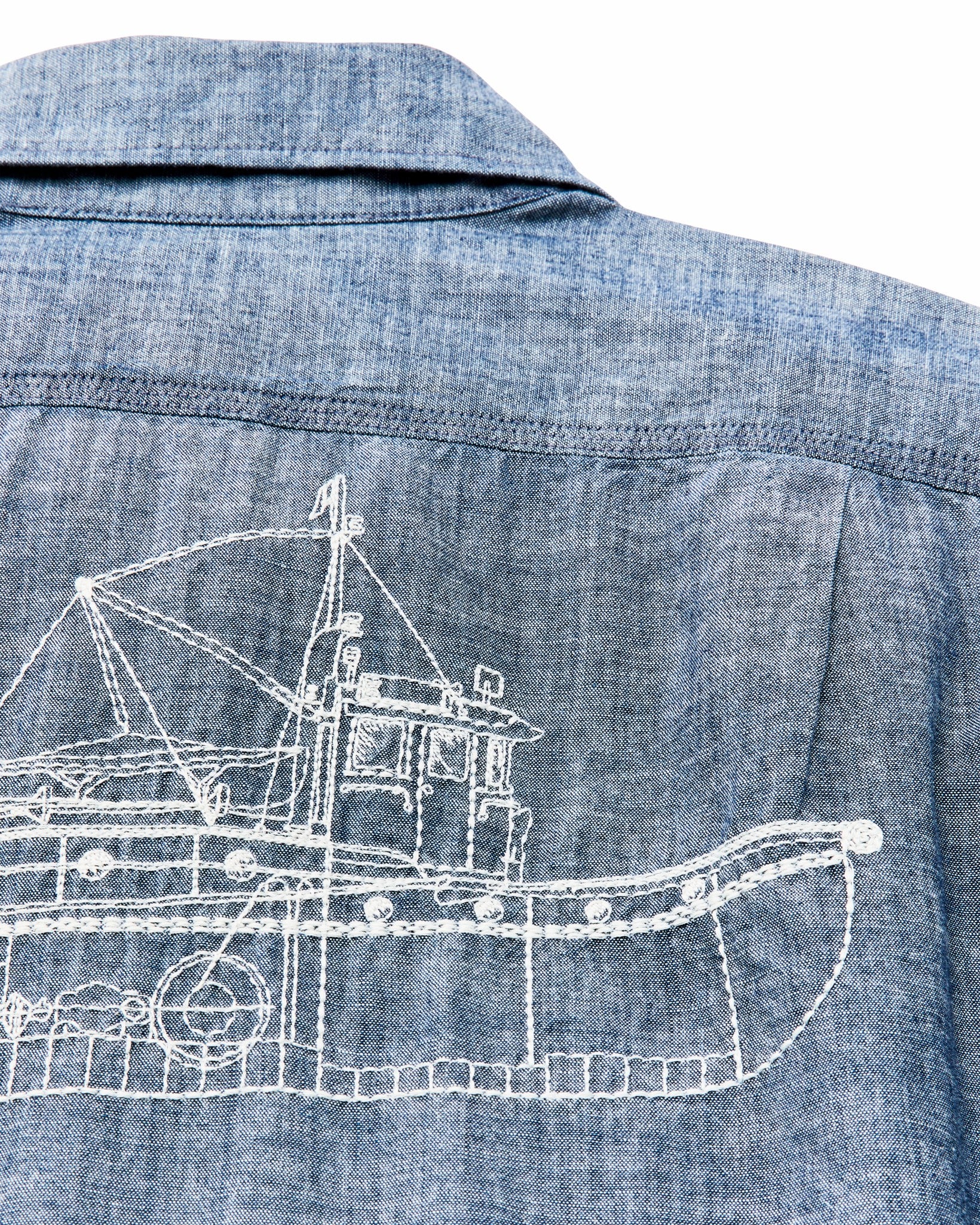 Filson Men Short-sleeve Embroidered Chambray Shirt - Rinsed Indigo