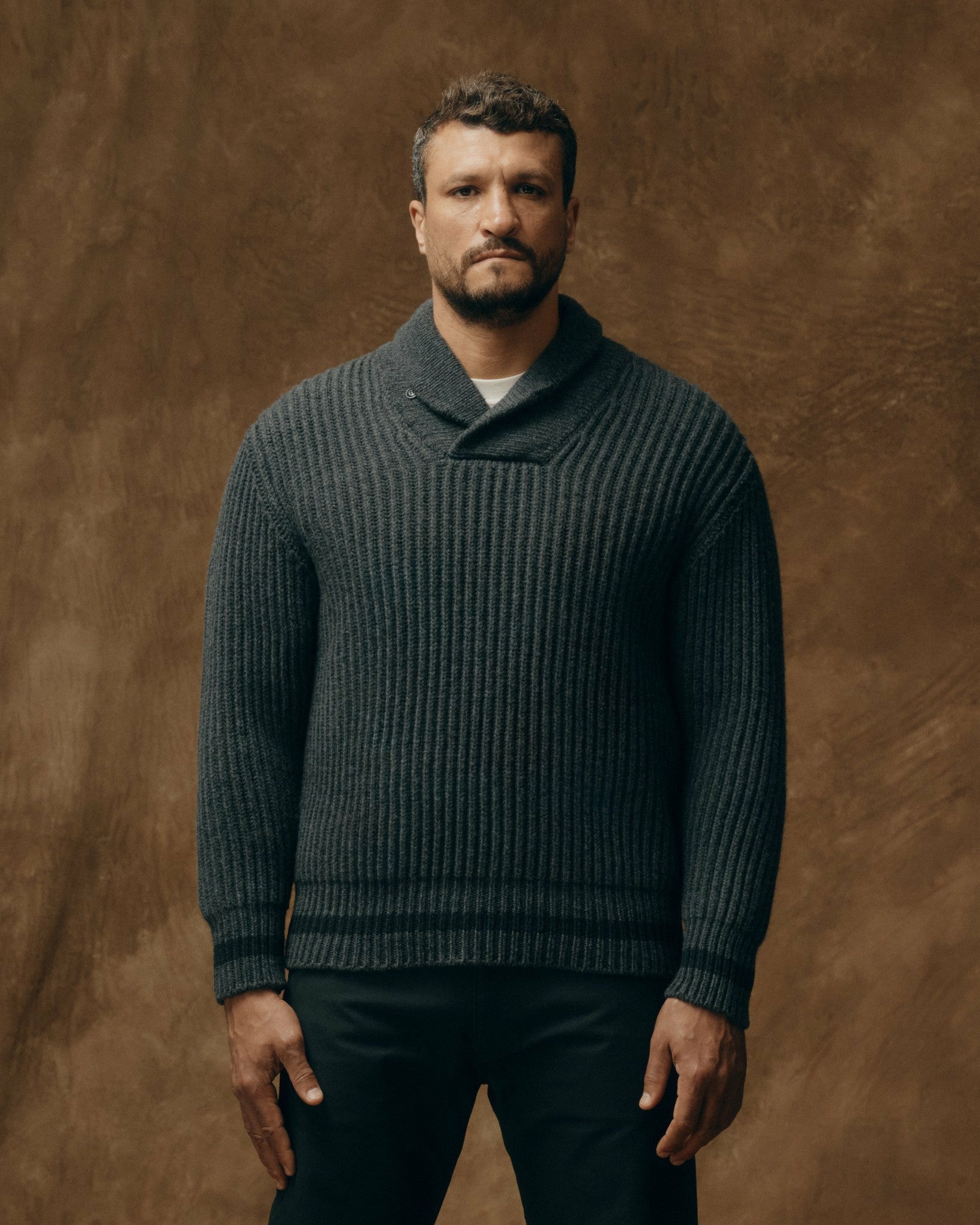 Filson Men Bristol Shawl Neck Sweater - Gray Heather / Dark Charcoal Stripe