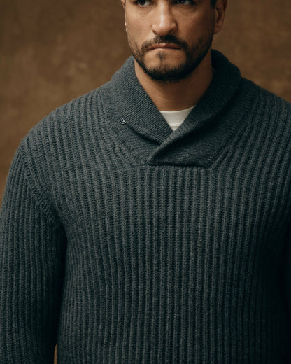 Filson Men Bristol Shawl Neck Sweater - Gray Heather / Dark Charcoal Stripe