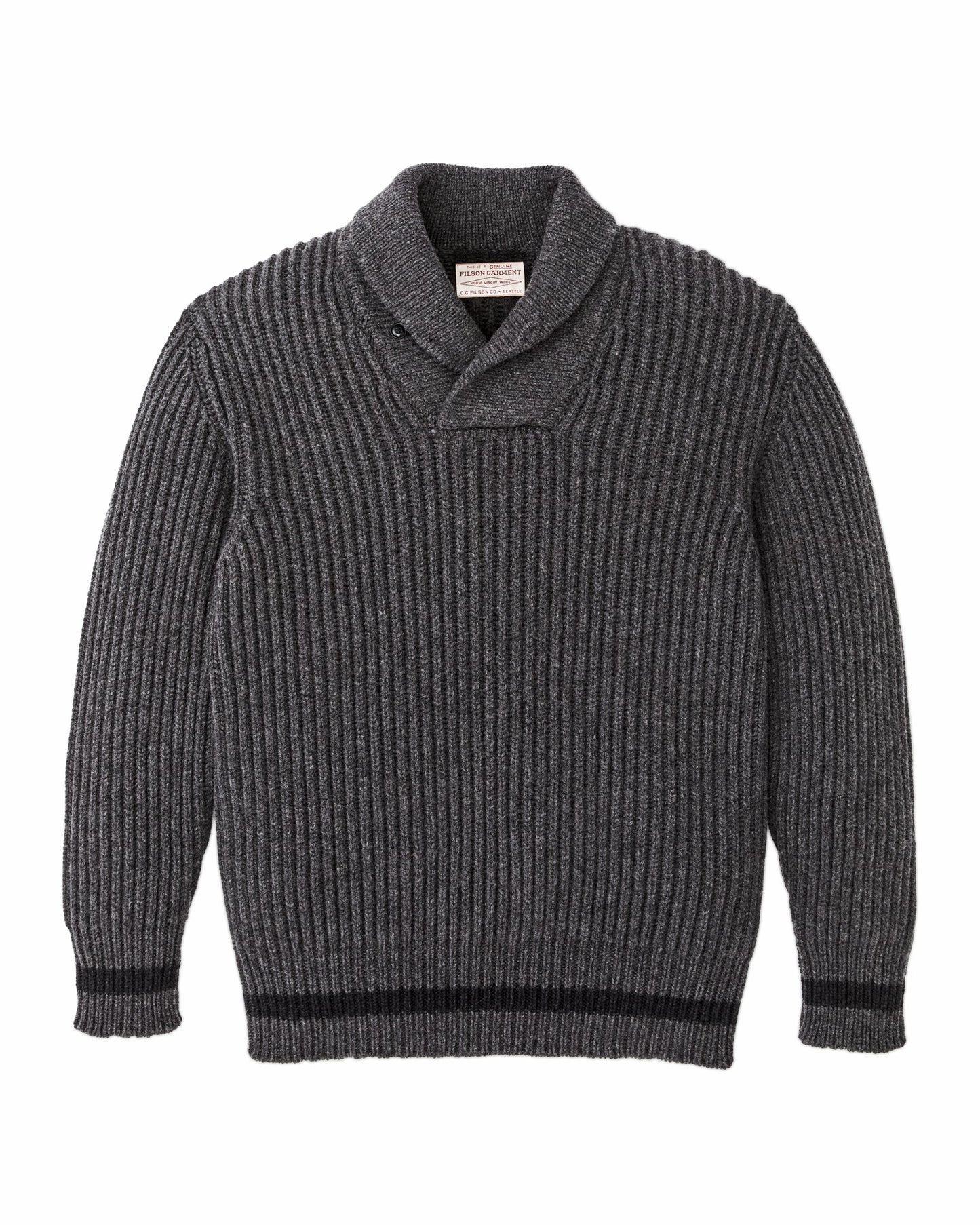 Filson Men Bristol Shawl Neck Sweater - Gray Heather / Dark Charcoal Stripe