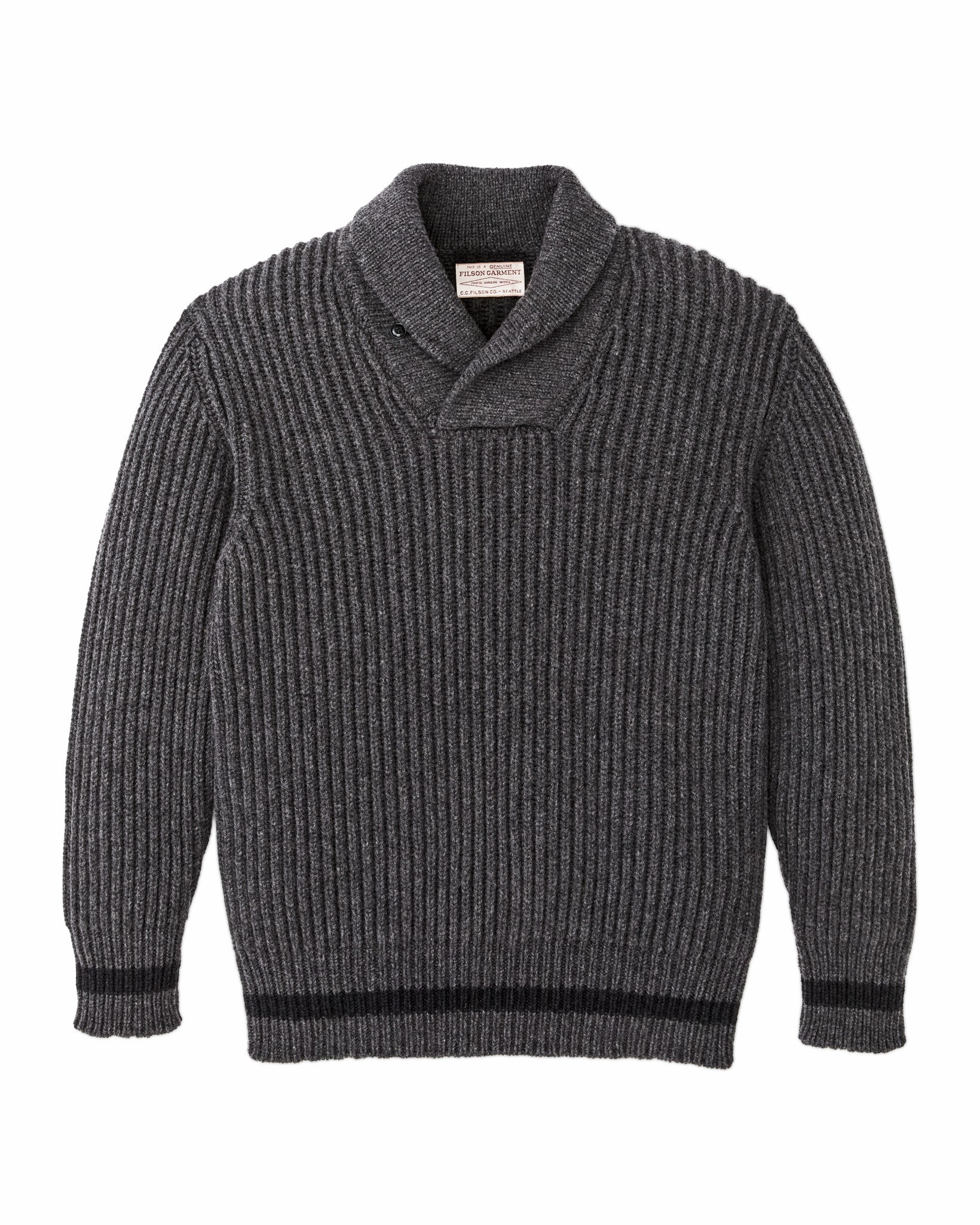 Filson Men Bristol Shawl Neck Sweater - Gray Heather / Dark Charcoal Stripe