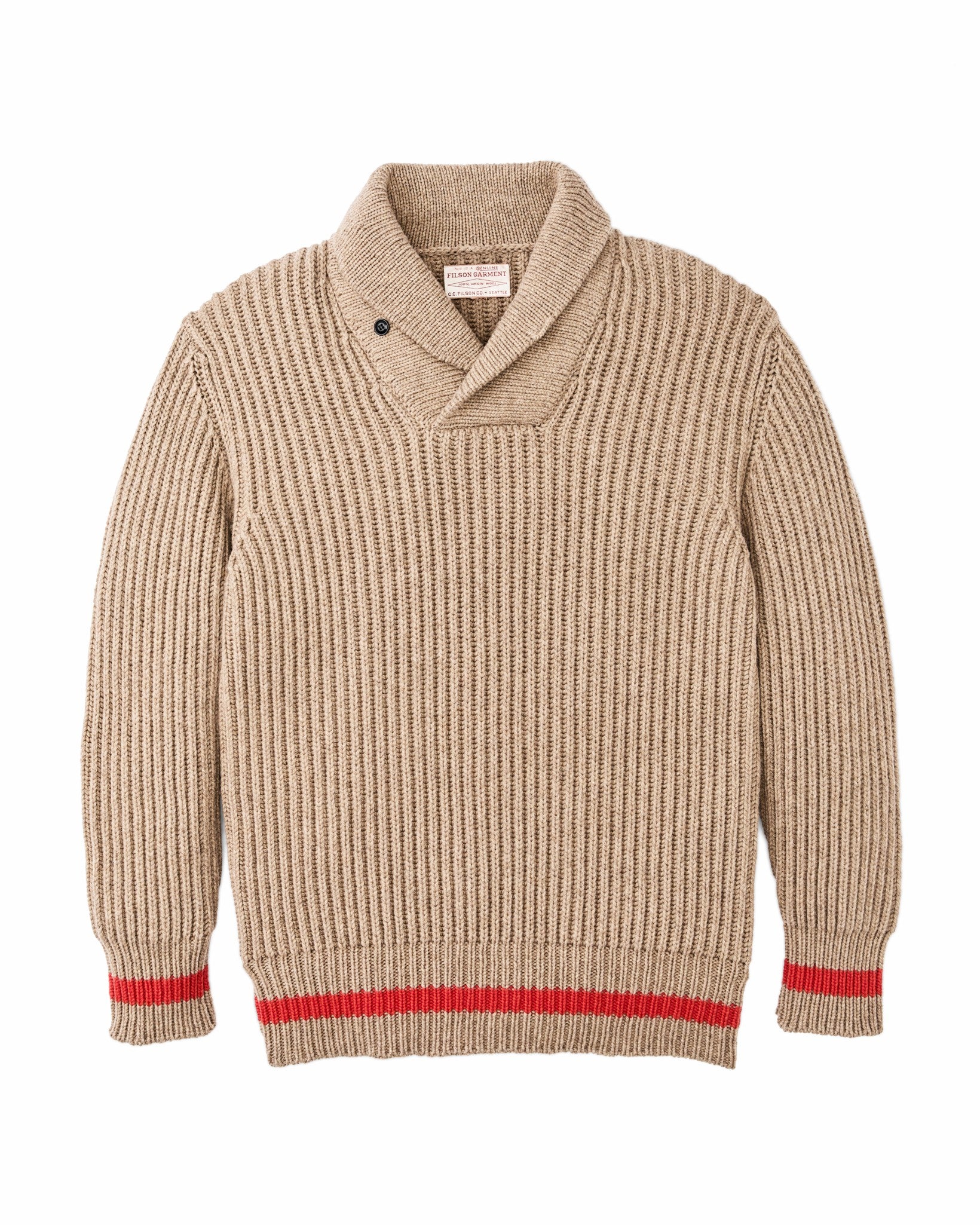 Filson Men Bristol Shawl Neck Sweater - Oatmeal Heather / Flame Stripe