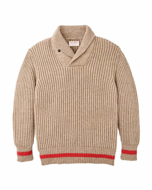 Filson Men Bristol Shawl Neck Sweater - Oatmeal Heather / Flame Stripe