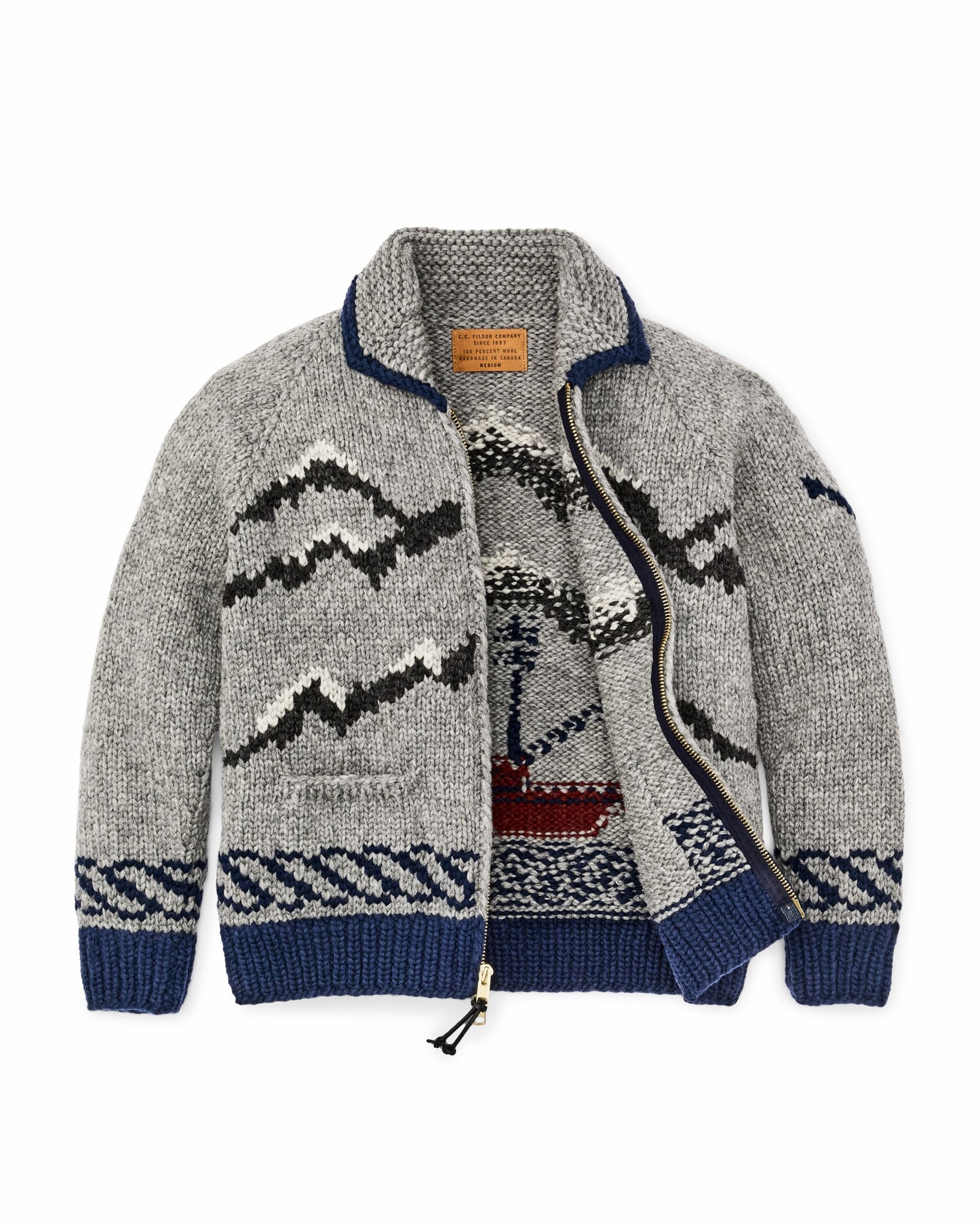 Filson Men Handmade Full-zip Sweater - Heather Gray / Fishing Boat