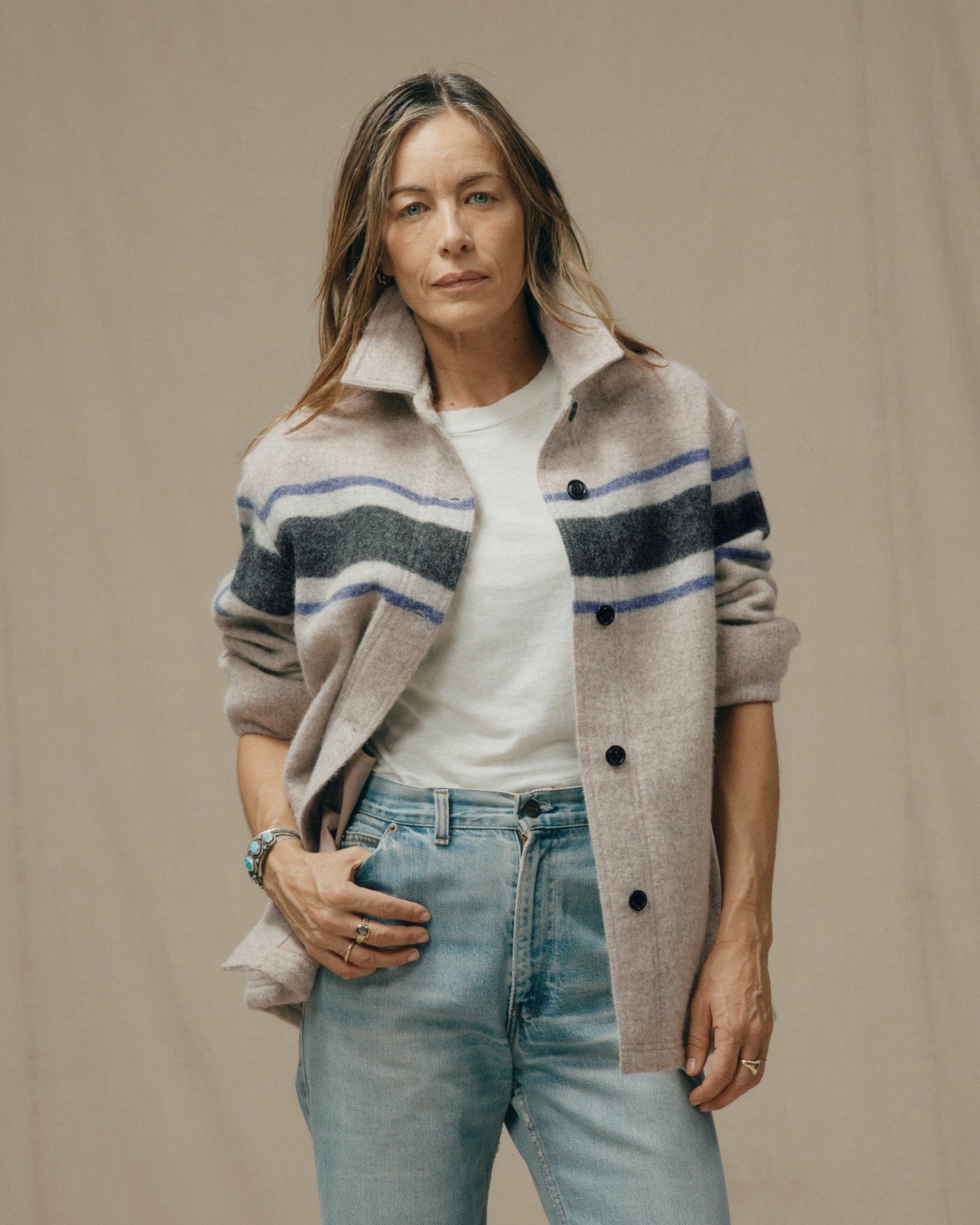Filson Women Women's Wool Overshirt - Gray / Black Blanket Stripe