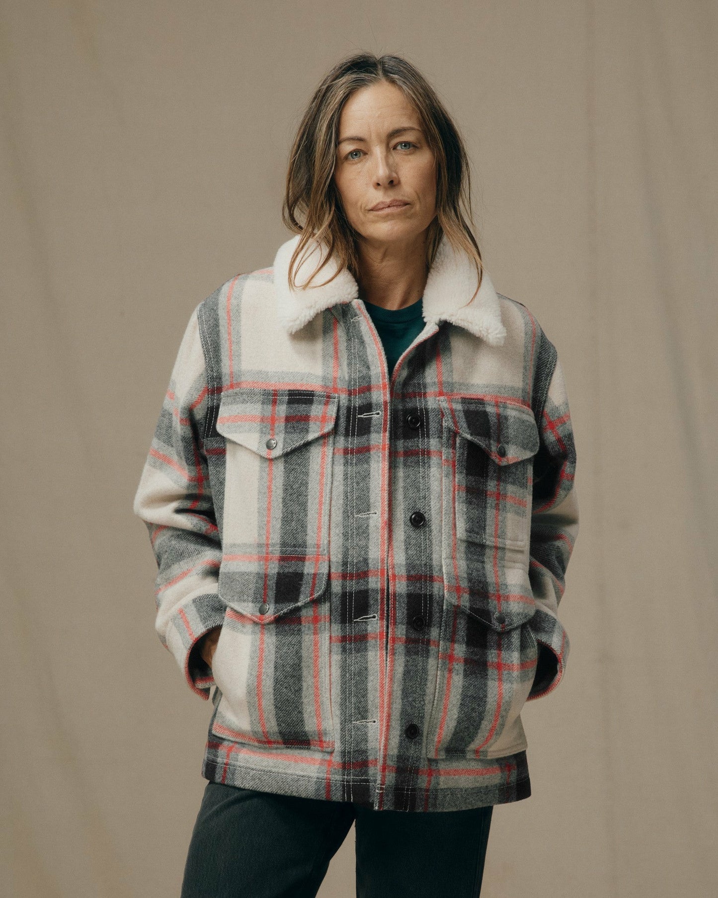 Filson Women Women's Mackinaw Wool Shearling Cruiser Jacket - Cream / Red / Black Plaid