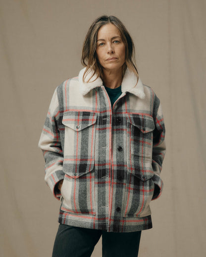 Filson Women Women's Mackinaw Wool Shearling Cruiser Jacket - Cream / Red / Black Plaid