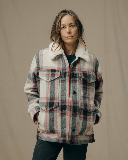 Filson Women Women's Mackinaw Wool Shearling Cruiser Jacket - Cream / Red / Black Plaid