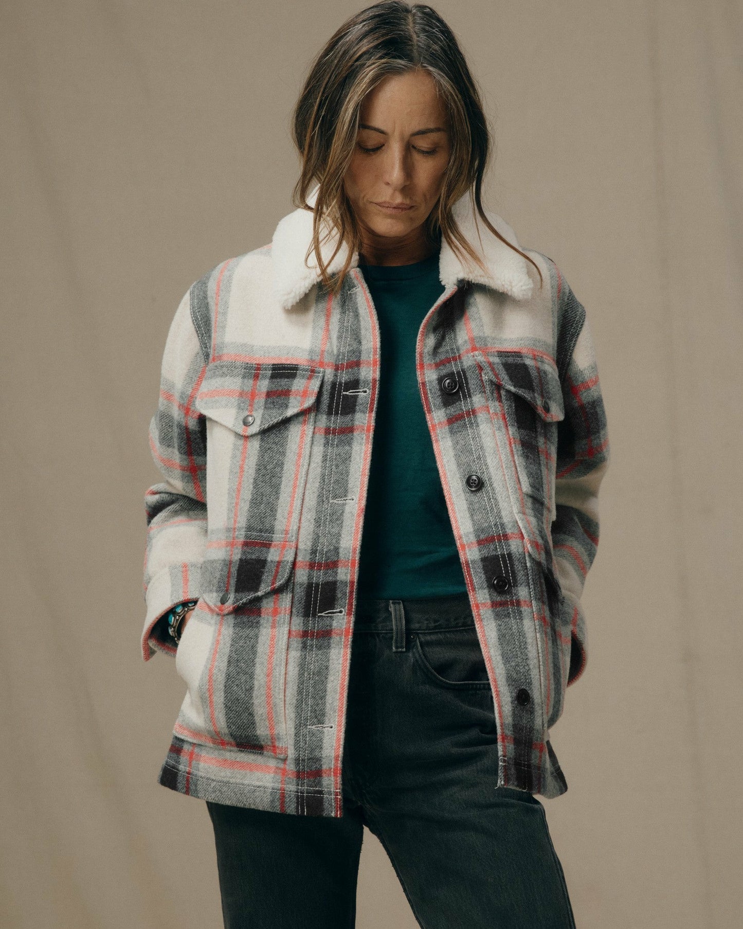 Filson Women Women's Mackinaw Wool Shearling Cruiser Jacket - Cream / Red / Black Plaid