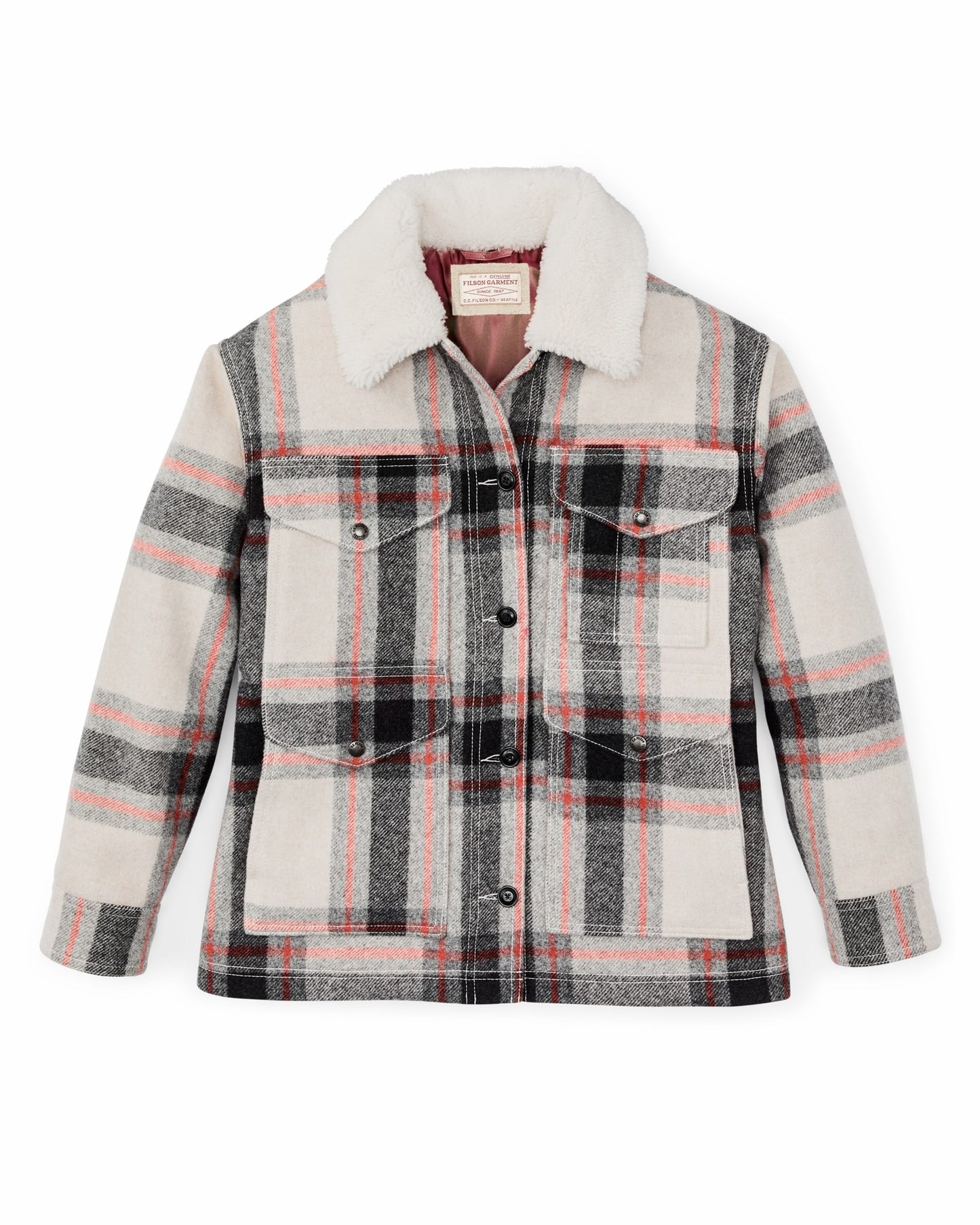 Filson Women Women's Mackinaw Wool Shearling Cruiser Jacket - Cream / Red / Black Plaid