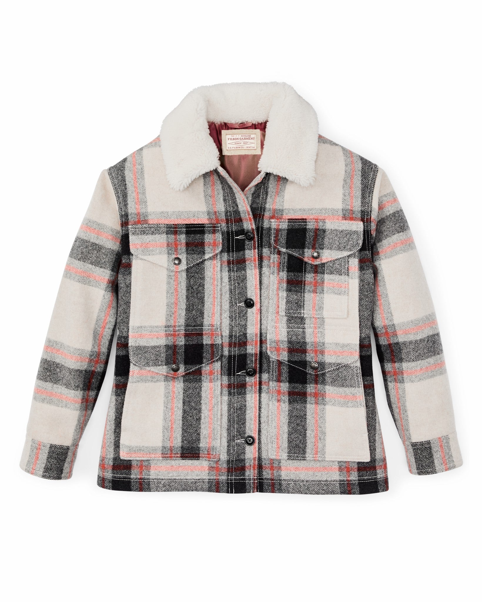 Filson Women Women's Mackinaw Wool Shearling Cruiser Jacket - Cream / Red / Black Plaid