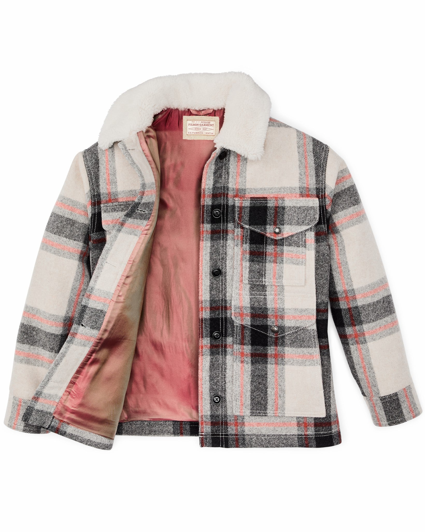 Filson Women Women's Mackinaw Wool Shearling Cruiser Jacket - Cream / Red / Black Plaid