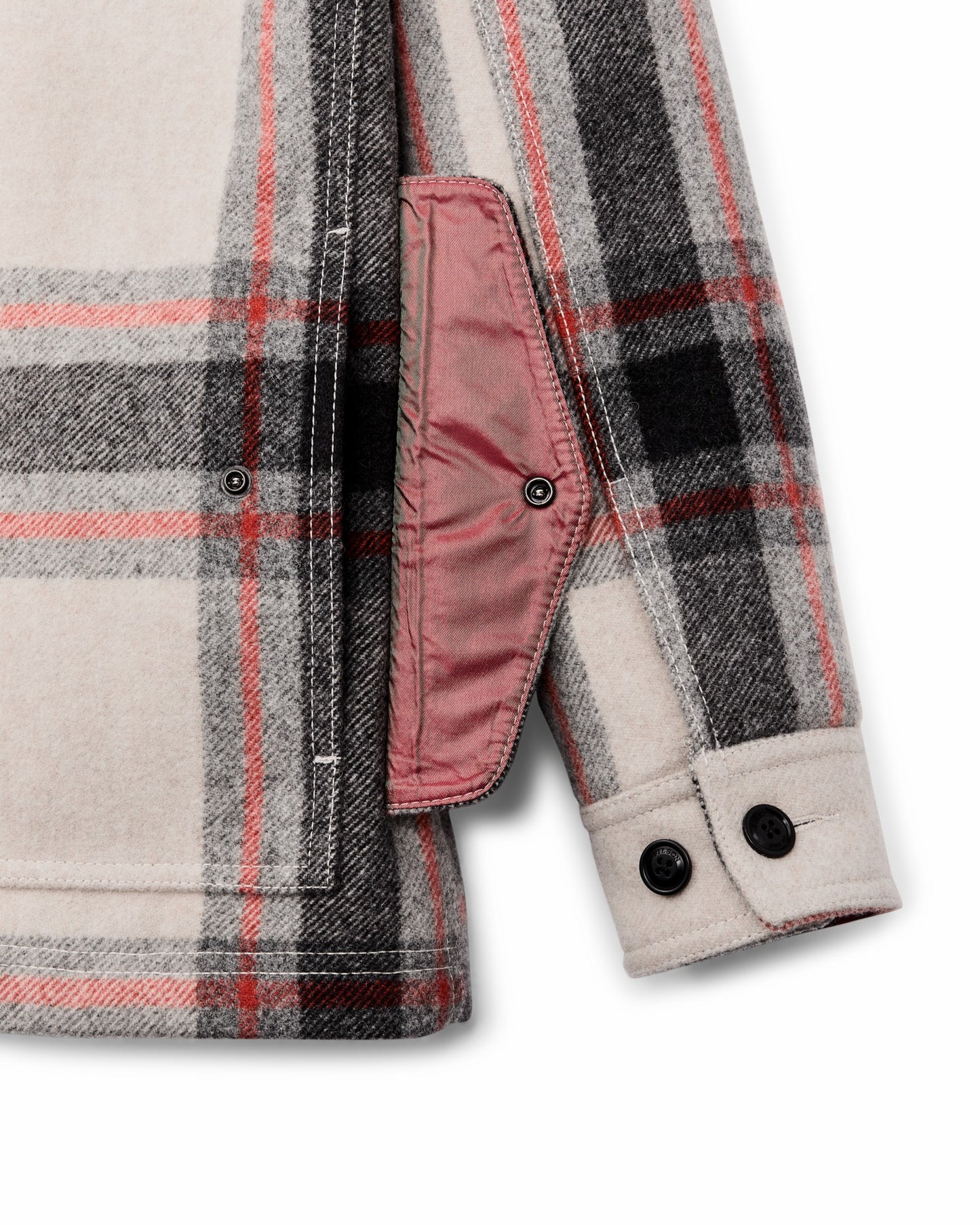 Filson Women Women's Mackinaw Wool Shearling Cruiser Jacket - Cream / Red / Black Plaid