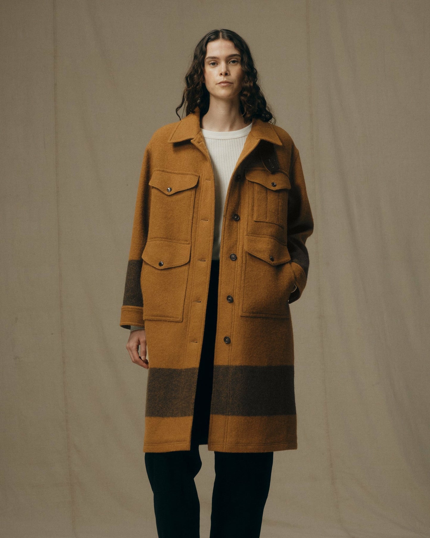Filson Women Women's Wool Long Cruiser Coat - Whiskey / Black Stripe