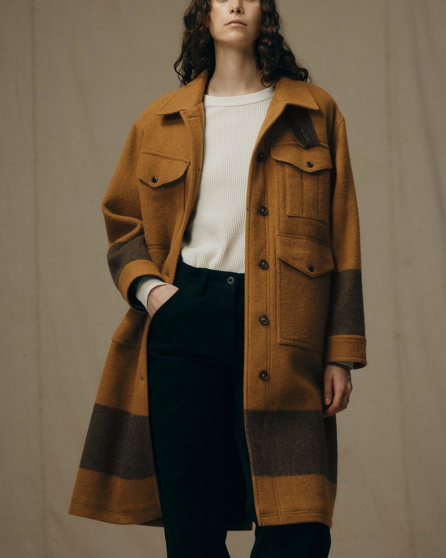 Filson Women Women's Wool Long Cruiser Coat - Whiskey / Black Stripe